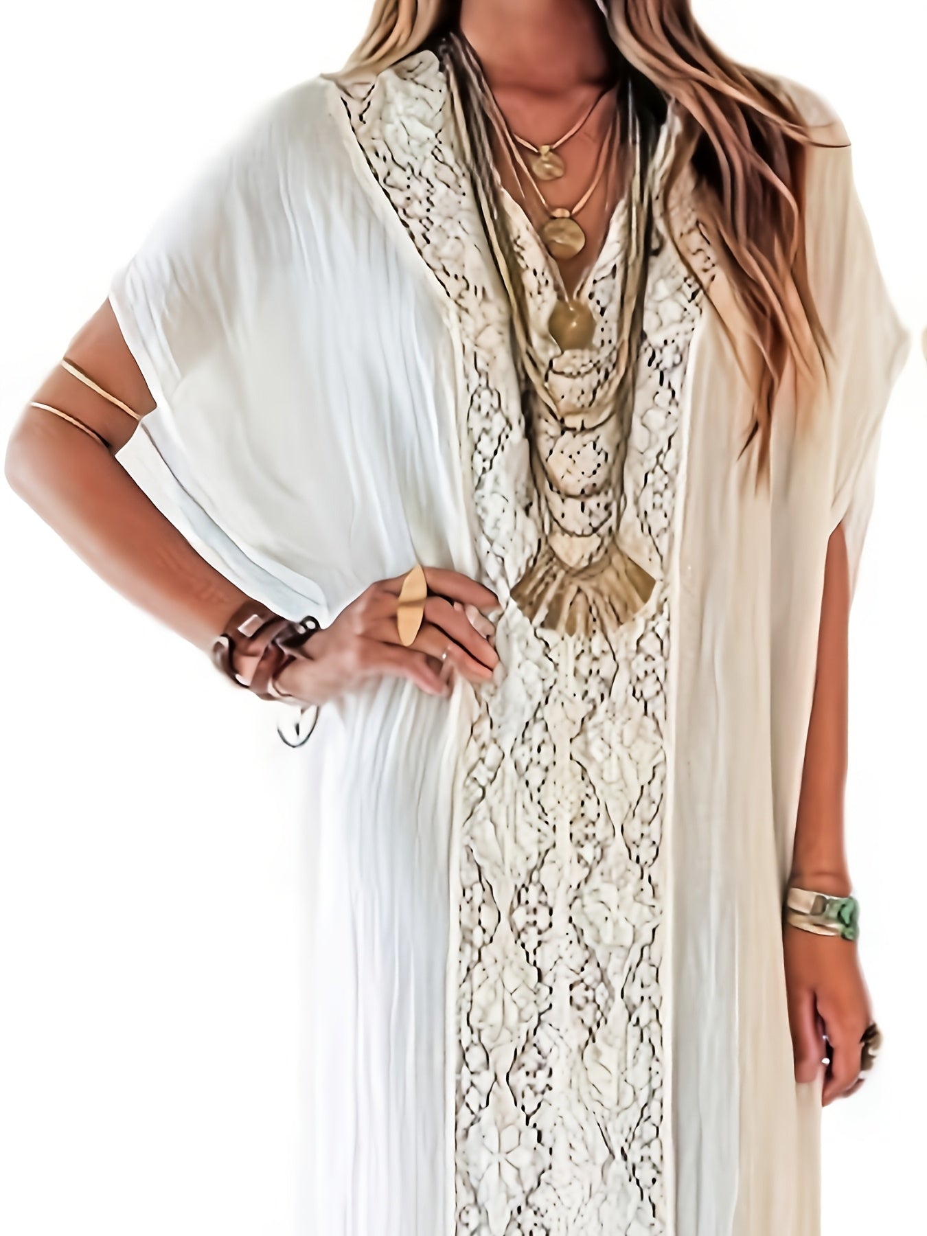 Plus Size, Women White Bathing Suit Cover Ups for Swimwear Short Sleeve Beach Kaftan Dress