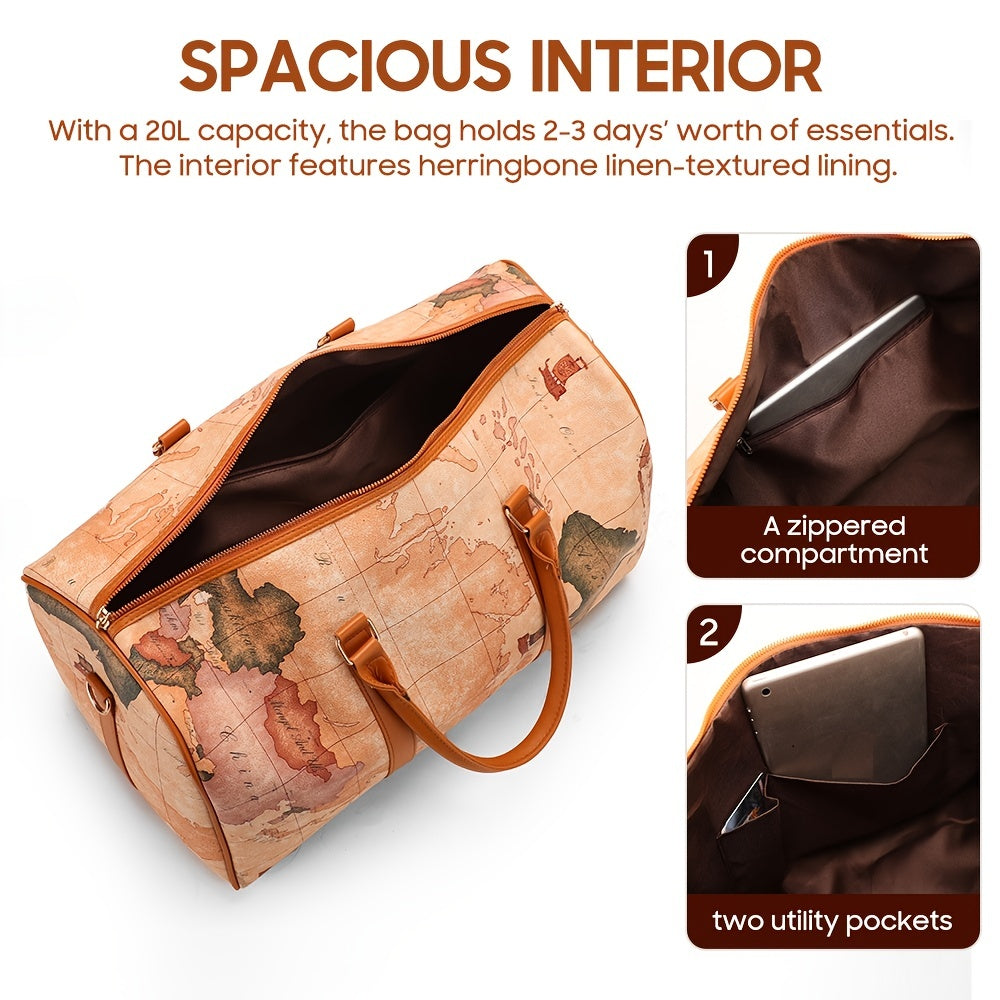 Vintage Leather Map Design Travel Duffel Bag, Large Capacity Luggage with Zipper Closure, Polyester Lined, Edge Painted - Hand Wash/Dry Clean Only, Secure Storage Bag | Retro Style Suitcase | Bag, Luggage for Travel