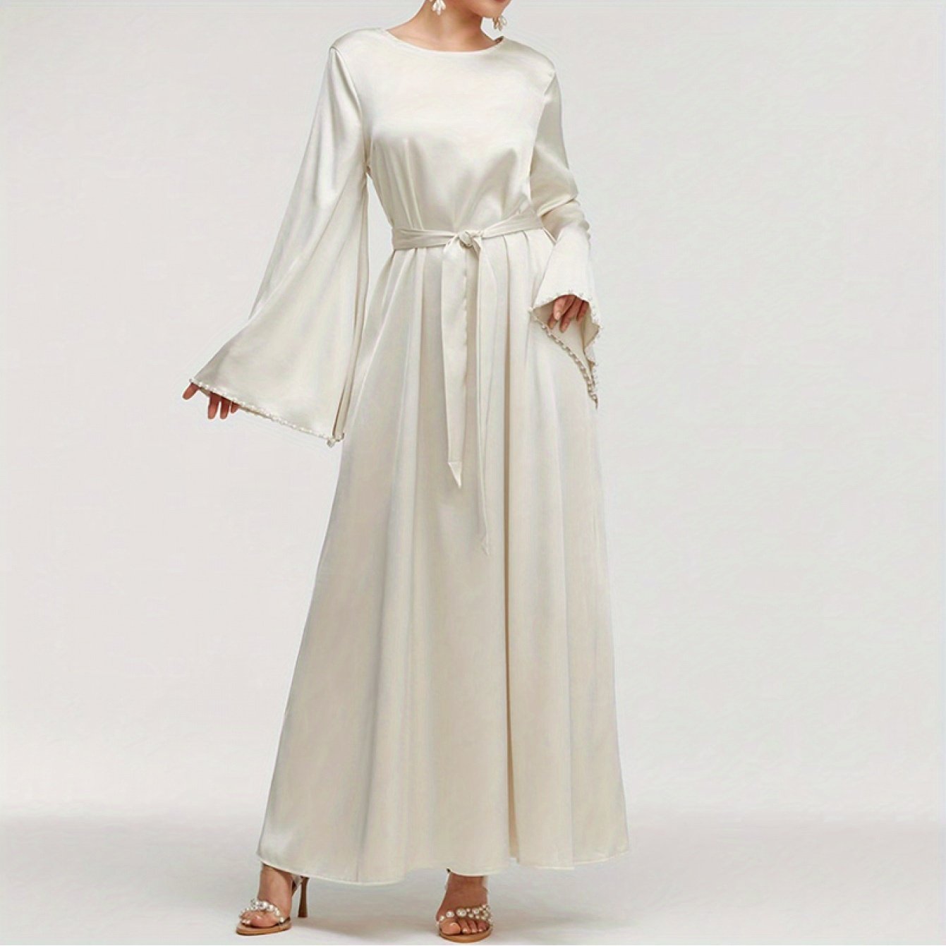 Elegant Round Neck Solid Color Flared Maxi Dress Long Sleeve with Pearl Cuff Detail, Modest A-Line Middle Eastern Turkish Abaya Party & Vacation Dress for Women