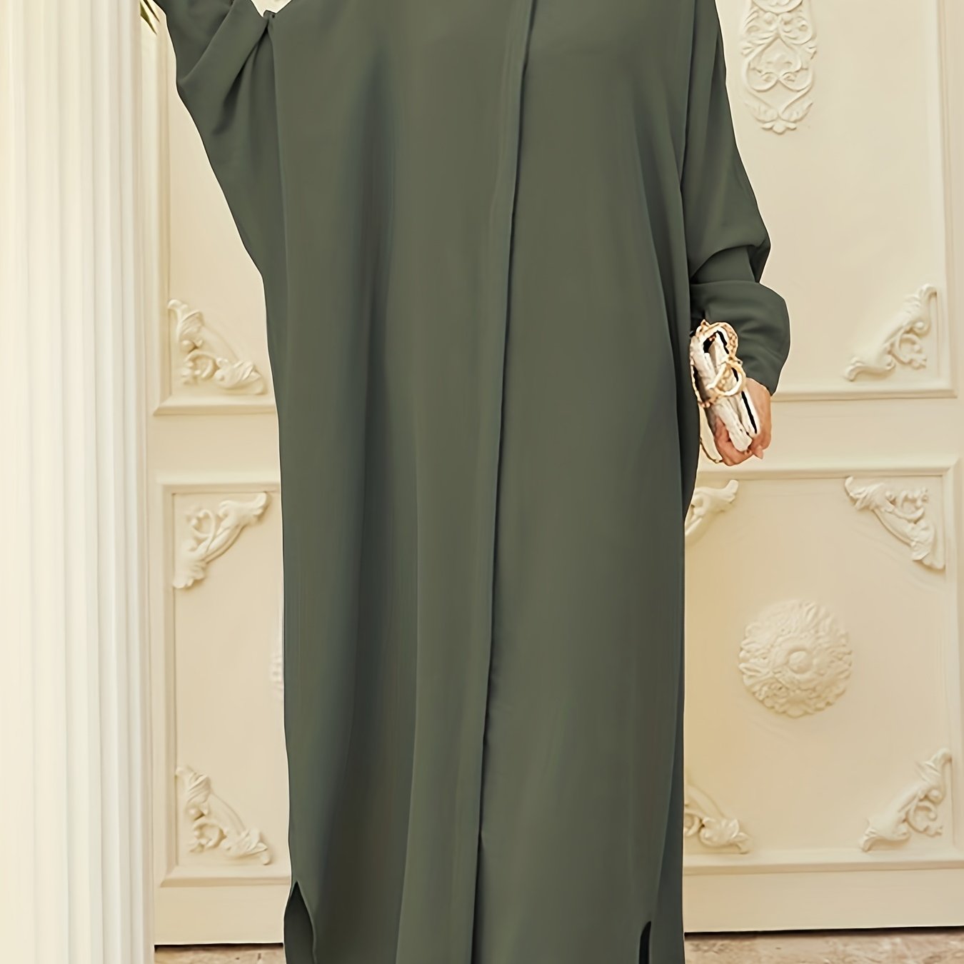 Ramadan Modest Batwing Sleeve Kaftan Abaya - Solid Black Loose Fit Maxi Dress with Slit Hem & Button Front, Non-Stretch Fabric for Women, All-Season Versatile Abaya