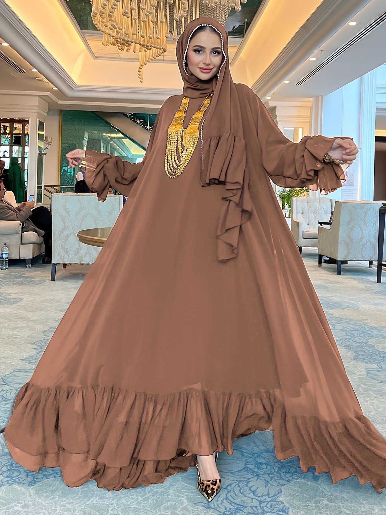 Stunning Solid Color Belted Peplum Maxi Dress - Elegant Palestinian Abaya for Women with Long Sleeves, Pleated Design, and Flattering Silhouette for Spring and Fall Seasons - Chic and Modest Clothing