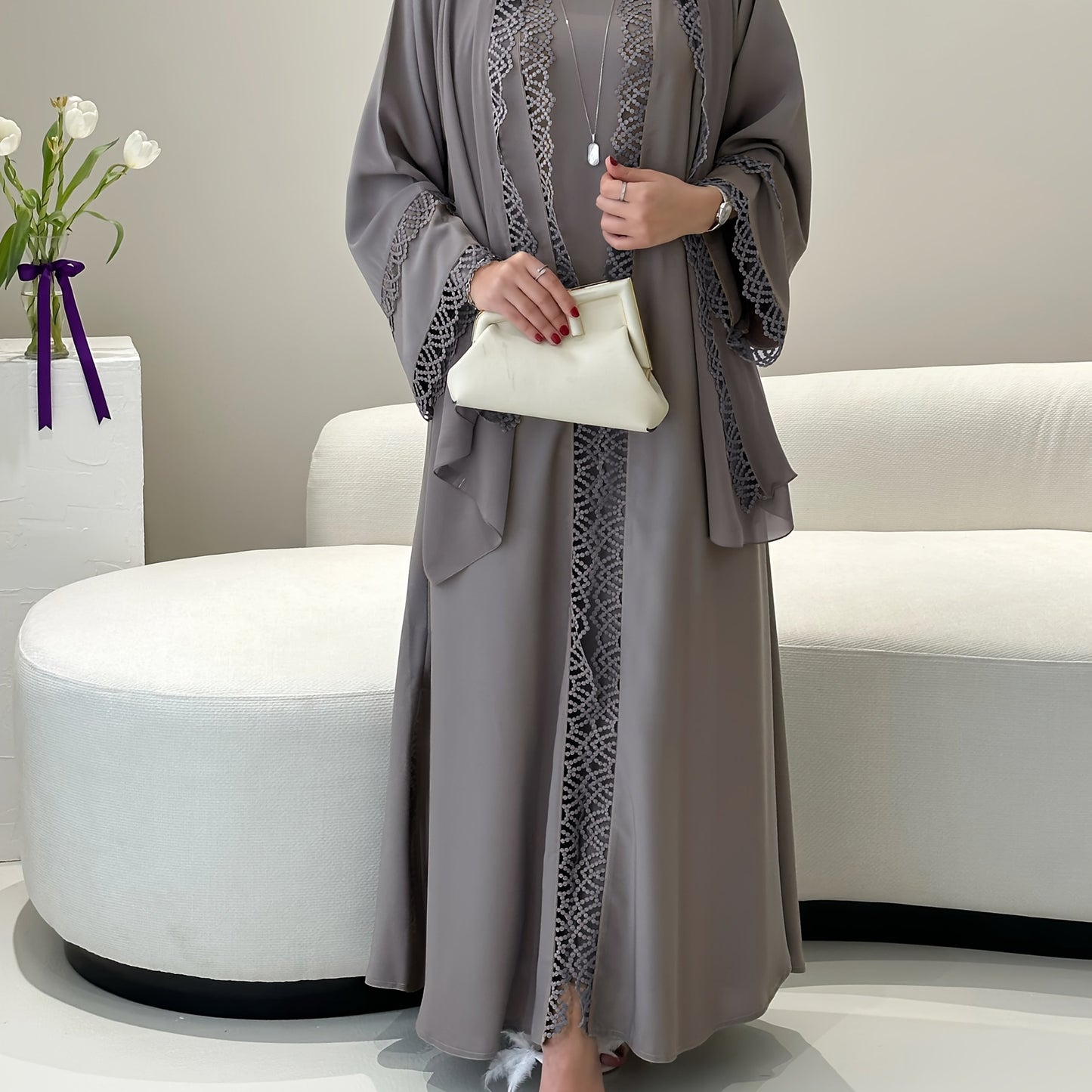 2pcs Muslim Kaftan Abaya Set with Lace Trim | Plus Sleeveless Vest Skirt, Headscarf, for Ramada