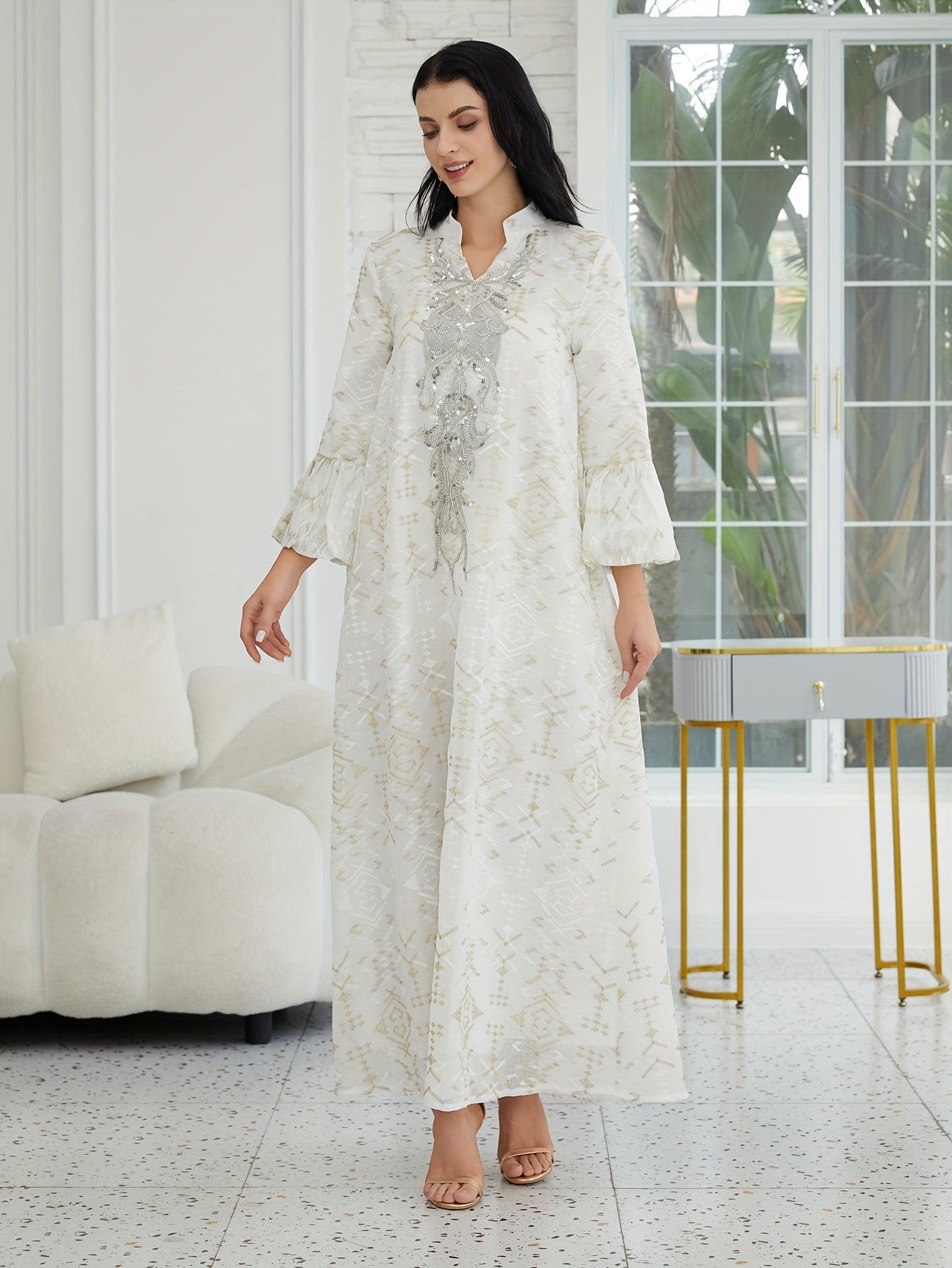 Elegant Women's Traditional Middle Eastern Abaya Dress with Embroidered Mesh Overlay - Long Sleeve, Belted Waist, Loose Fit, Geometric Pattern, White & Golden Design for Spring/Summer/Fall, Cultural Attire | Intricate Embroidery