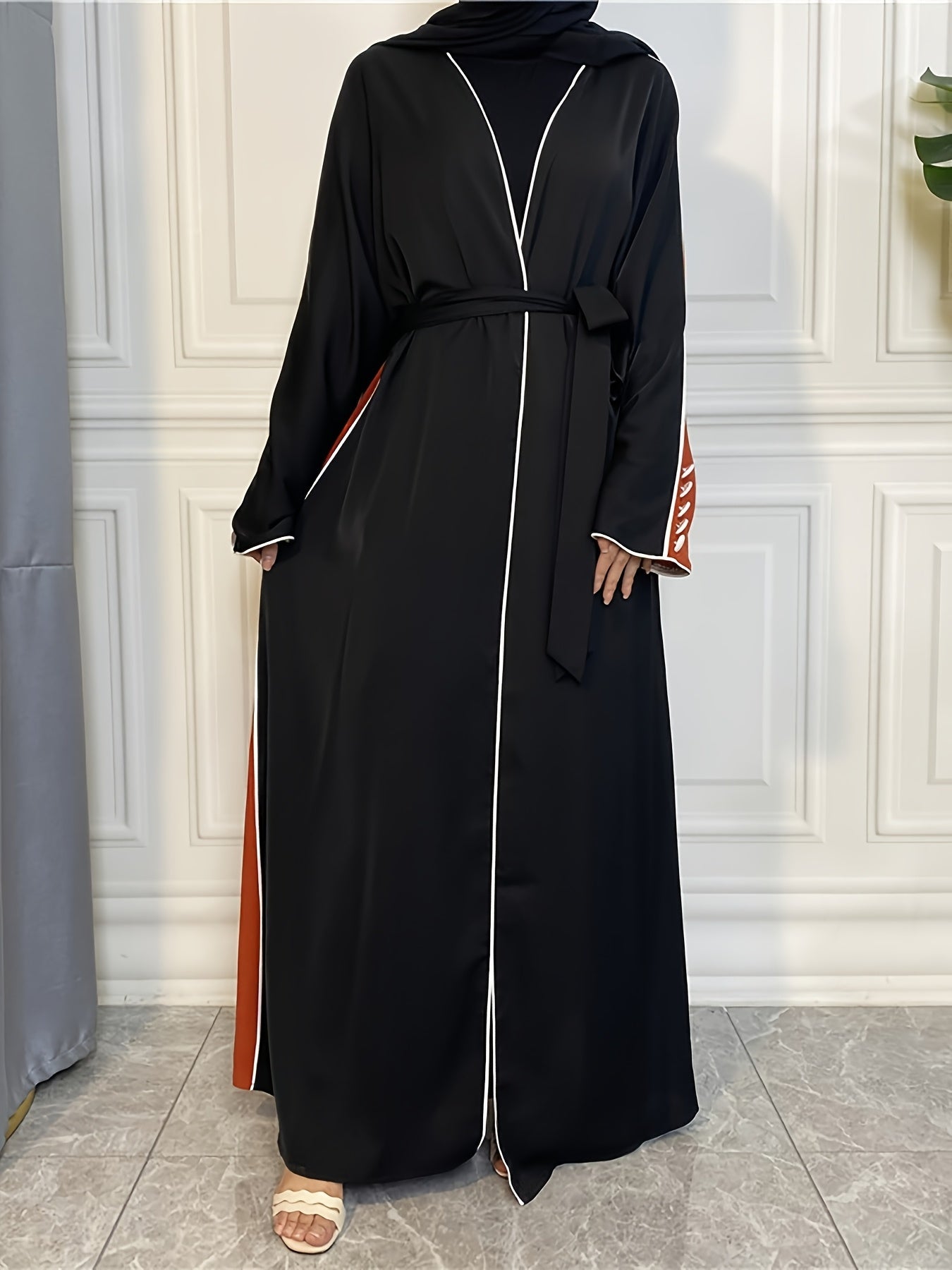 Women's Elegant Patchwork Batwing Sleeve Open Abaya - Long Sleeve, Button-Up Front, Lightweight Polyester, Perfect for Spring & Fall Casual Wear, Stylish Outdoor Attire | Breezy Abaya