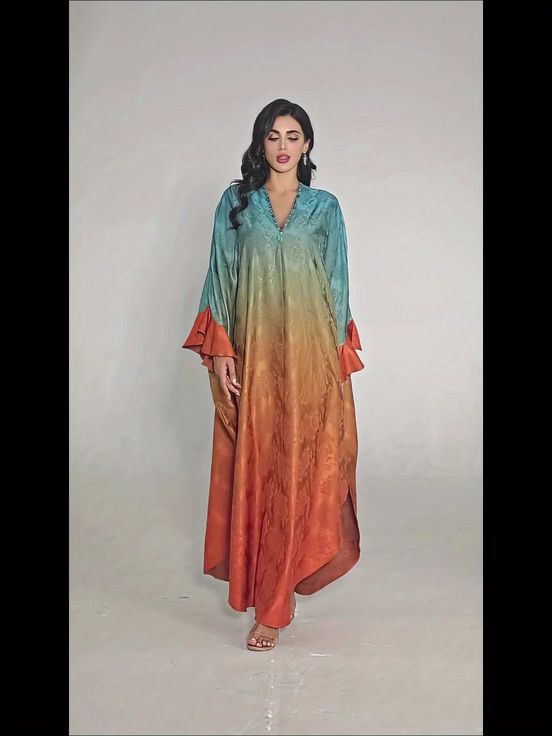 Elegant Gradient Abaya Dress with Butterfly Sleeves & Rhinestone Embellishments - Long Length, Solid Color, Regular Fit for All Seasons, Versatile Fashion | Gradient Abaya | Nonstretch Fabric