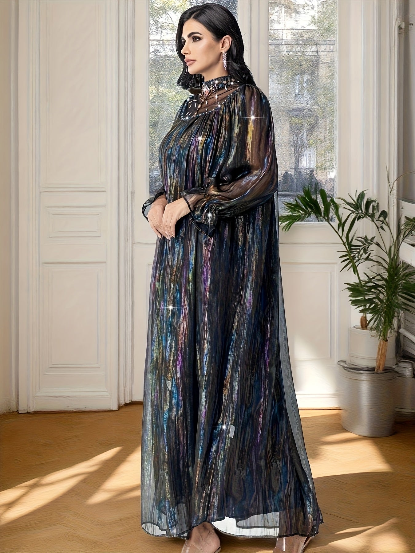 Elegant Rhinestone-Embellished kaftan Abaya Dress with Iridescent Shimmering Fabric, Arabian-Inspired Lantern Sleeves & Long Train - Hand Wash Only Traditional Formal Wear for Weddings