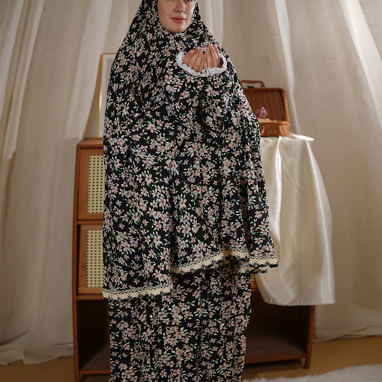 Middle Eastern Women'S Hooded Prayer Robe Two-Piece Set Jilbaab