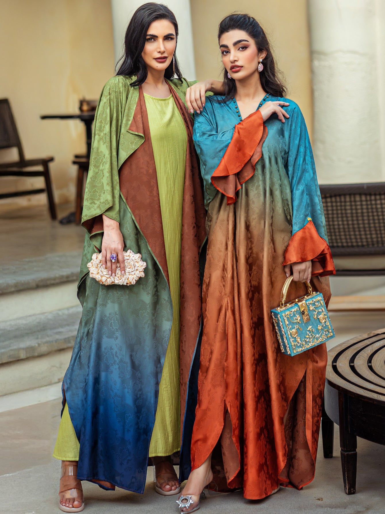 Elegant Gradient Abaya Dress with Butterfly Sleeves & Rhinestone Embellishments - Long Length, Solid Color, Regular Fit for All Seasons, Versatile Fashion | Gradient Abaya | Nonstretch Fabric
