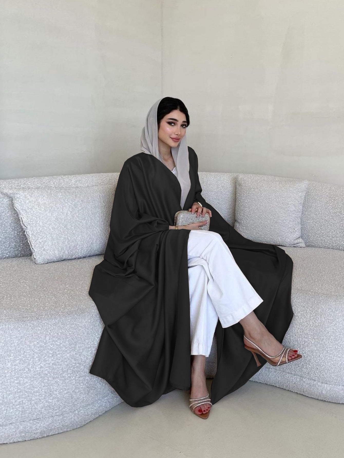 Elegant Middle Eastern Muslim Women's Long Sleeve Abaya Dress - Soft Lightweight Non-Stretch Fabric with Adjustable Waist Belt, Floor-Length Modest Robe for Spring/Summer, Hand Wash Only