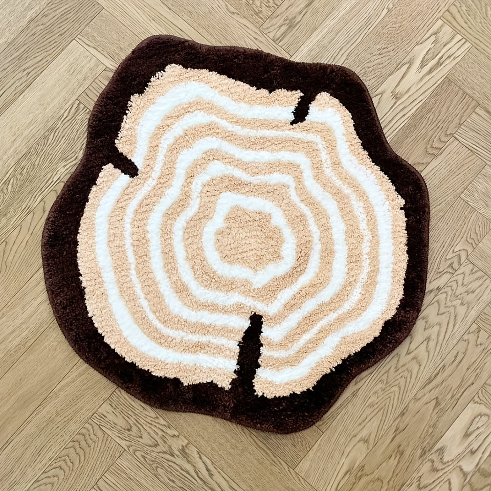 Plush Tufted Area Mat - Thick & Soft Non-Slip TPR Backing, Brown Tree Stump Design with White & Beige Patterns, Unique Circular Shape, Machine Washable for Bedroom, Living Room, Rugs for Bathroom