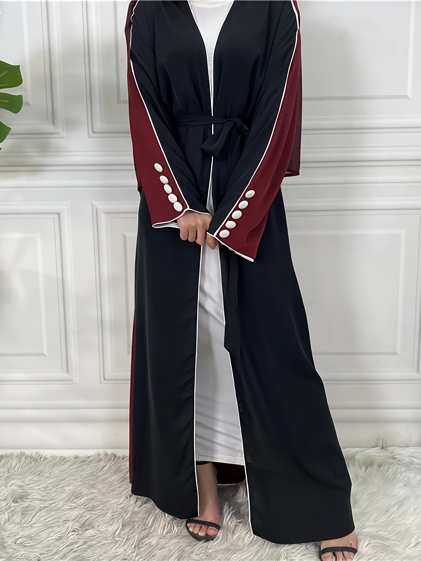 Women's Elegant Patchwork Batwing Sleeve Open Abaya - Long Sleeve, Button-Up Front, Lightweight Polyester, Perfect for Spring & Fall Casual Wear, Stylish Outdoor Attire | Breezy Abaya