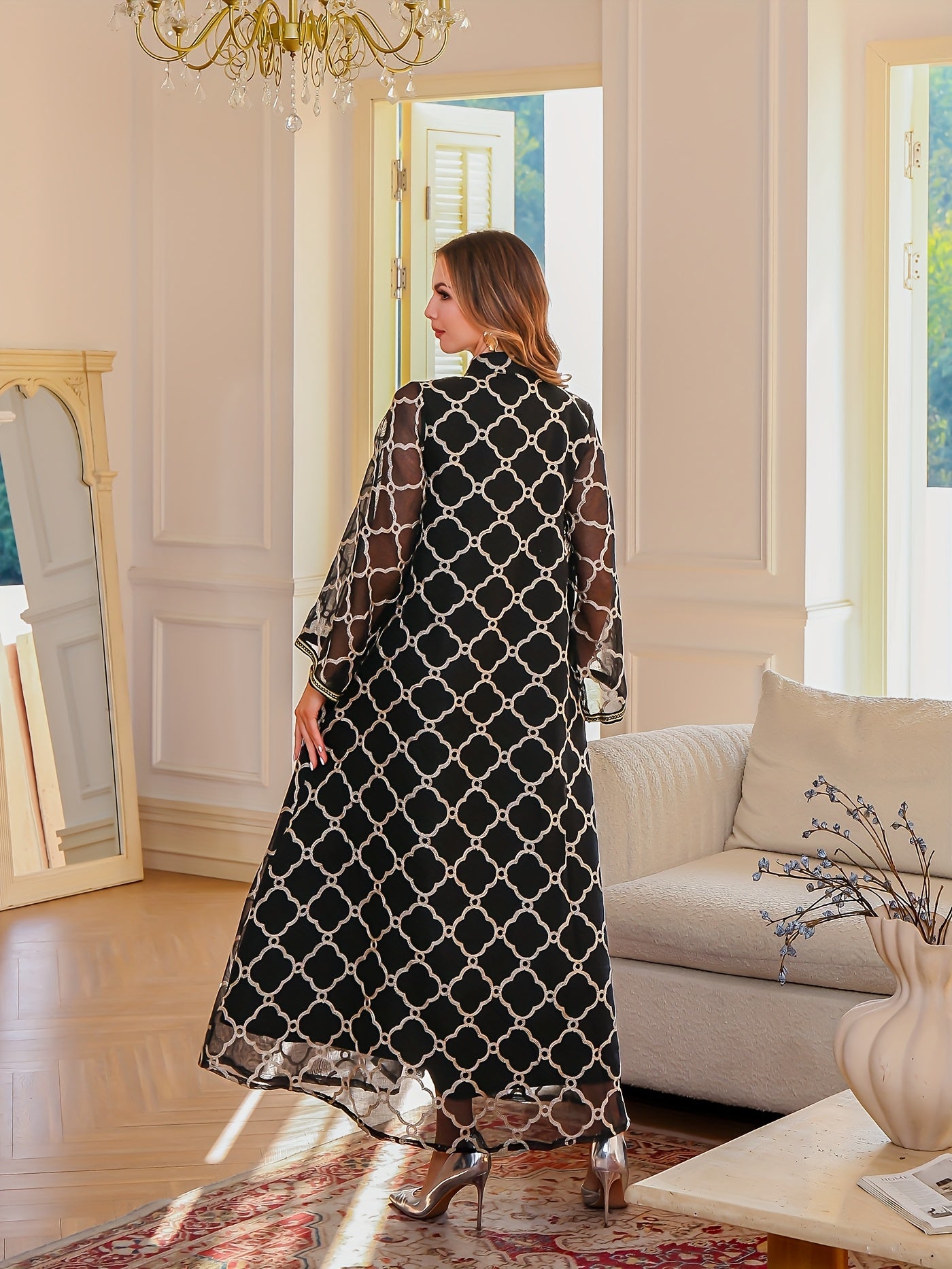 Elegant Black & White Geometric Sequin Embroidered Abaya - Long Sleeve Maxi Dress with Belt, Middle East Dubai Style Evening Gown for Women, Handmade Luxury Robe for Formal Occasions
