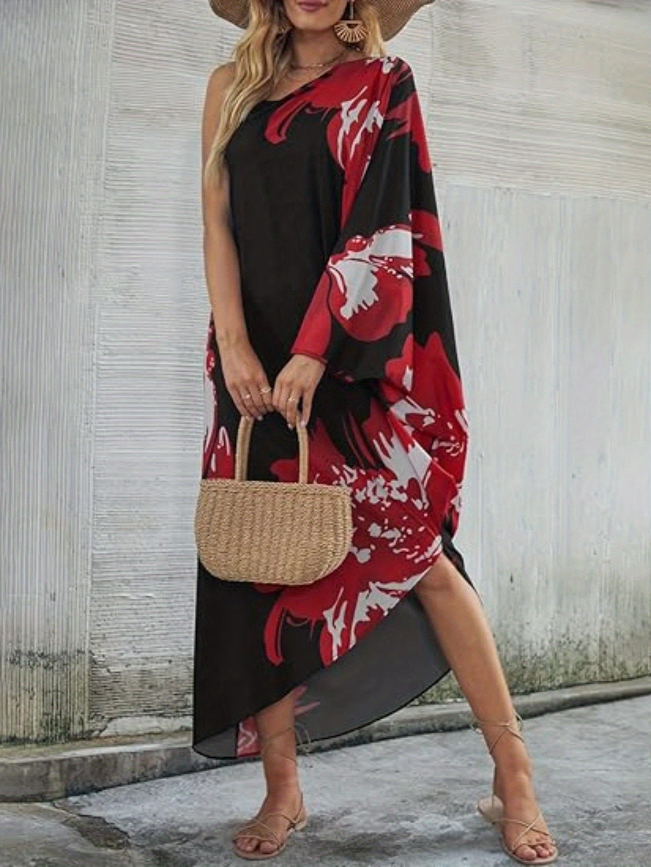 Women'S Elegant Kaftan Dress - V-Neck, Long Sleeve, Flowy Beach Cover-Up with Orange & Black Floral Print, Lightweight Polyester for Summer Vacation, Beach Dress