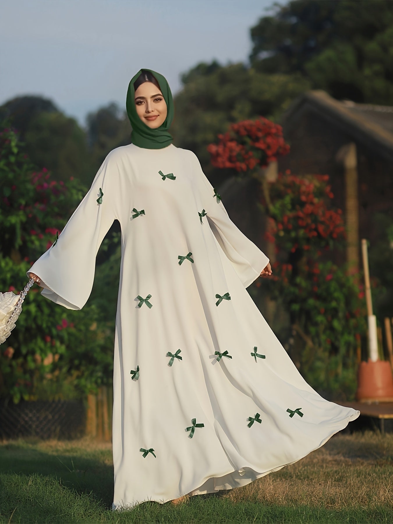 Butterfly Bow Abayas Elegant Long Robe Set, Including Dress and Headscarf