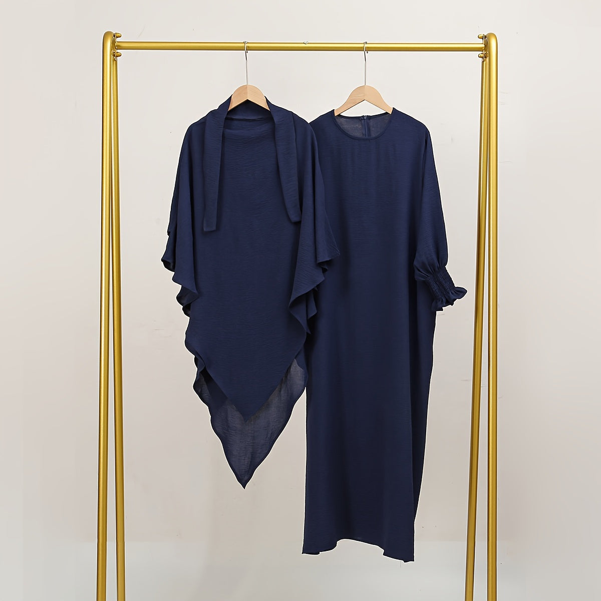 2pcs Elegant Black Polyester Hijab Robes with Pleated Sleeves - Breathable, Sun-Protective, and Stylish Khimar Abaya for Women, Perfect for Outdoor Wear, Hijab Scarf