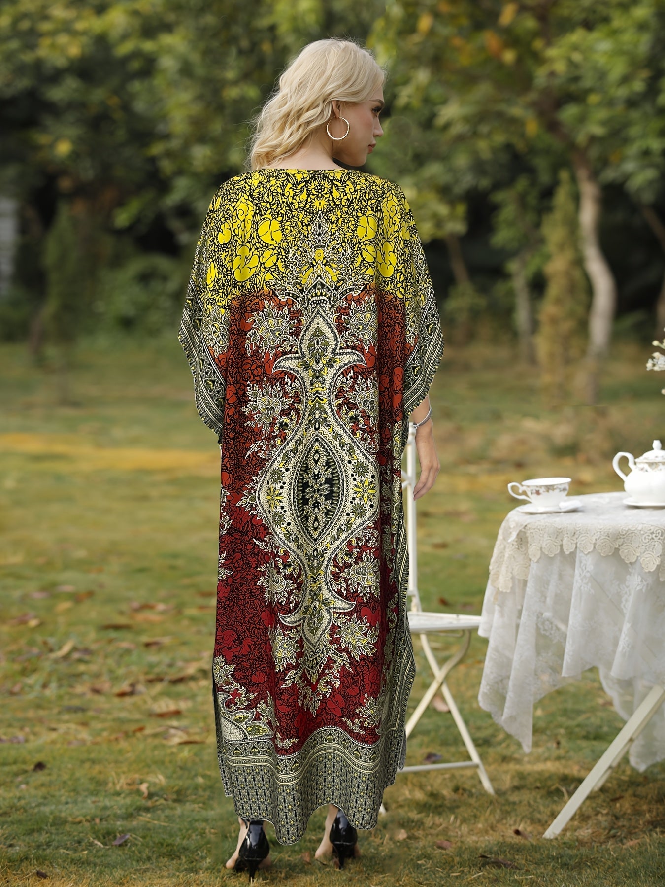 Plus Size, European and American Plus Size Women's Bohemian Vacation Dress with Middle Eastern Kaftan Abaya Style