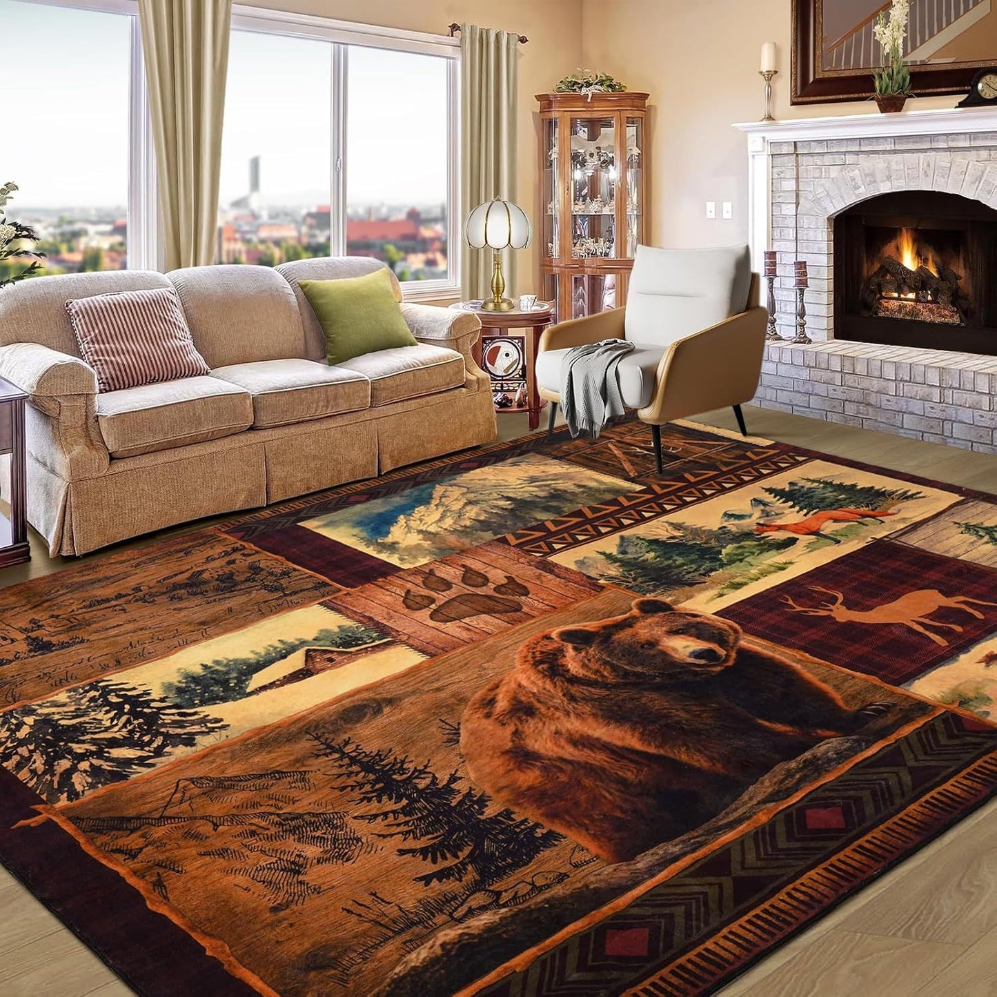 small house bear moose throwing carpet, area carpet in farmhouse style, used for living room and bedroom entrances, non slip washable soft brown floor carpet, retro rural wildlife home decoration area carpet