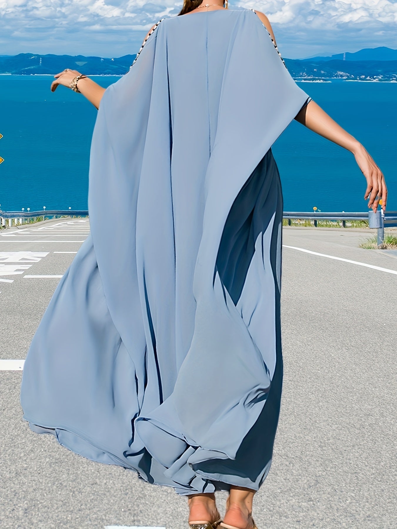 1pc Elegant Off-Shoulder Maxi Modern Abaya with Handcrafted Pearl Embellishments, Solid Color Polyester, All-Season Woven Gown with Large Flounce Sleeves