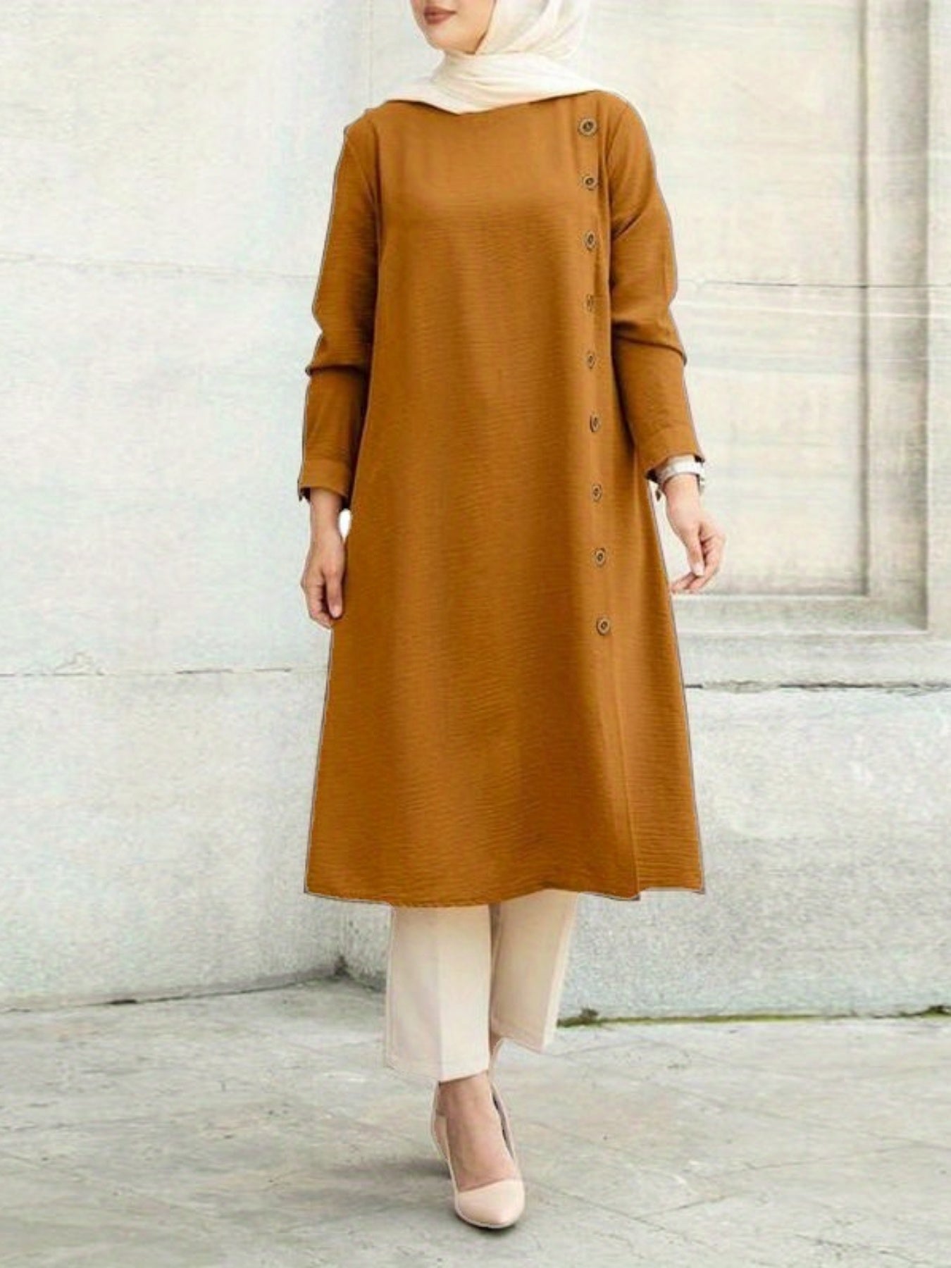 Women Kaftan Abaya Dress Elegant Solid Color Ethnic Style Long Sleeve