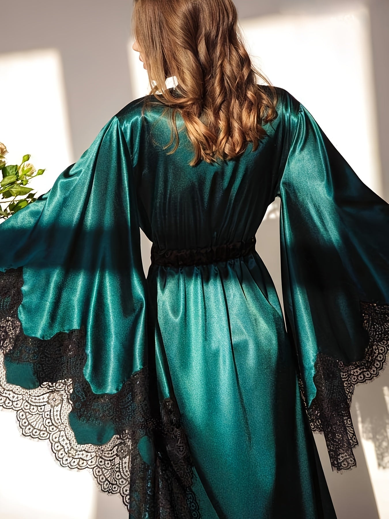 Women's Black Satin Robe - Elegant Long Lace Kimono, Lightweight Bridal Sleepwear for Wedding Day, Polyester, Contrast Lace Detail, Bride Lingerie