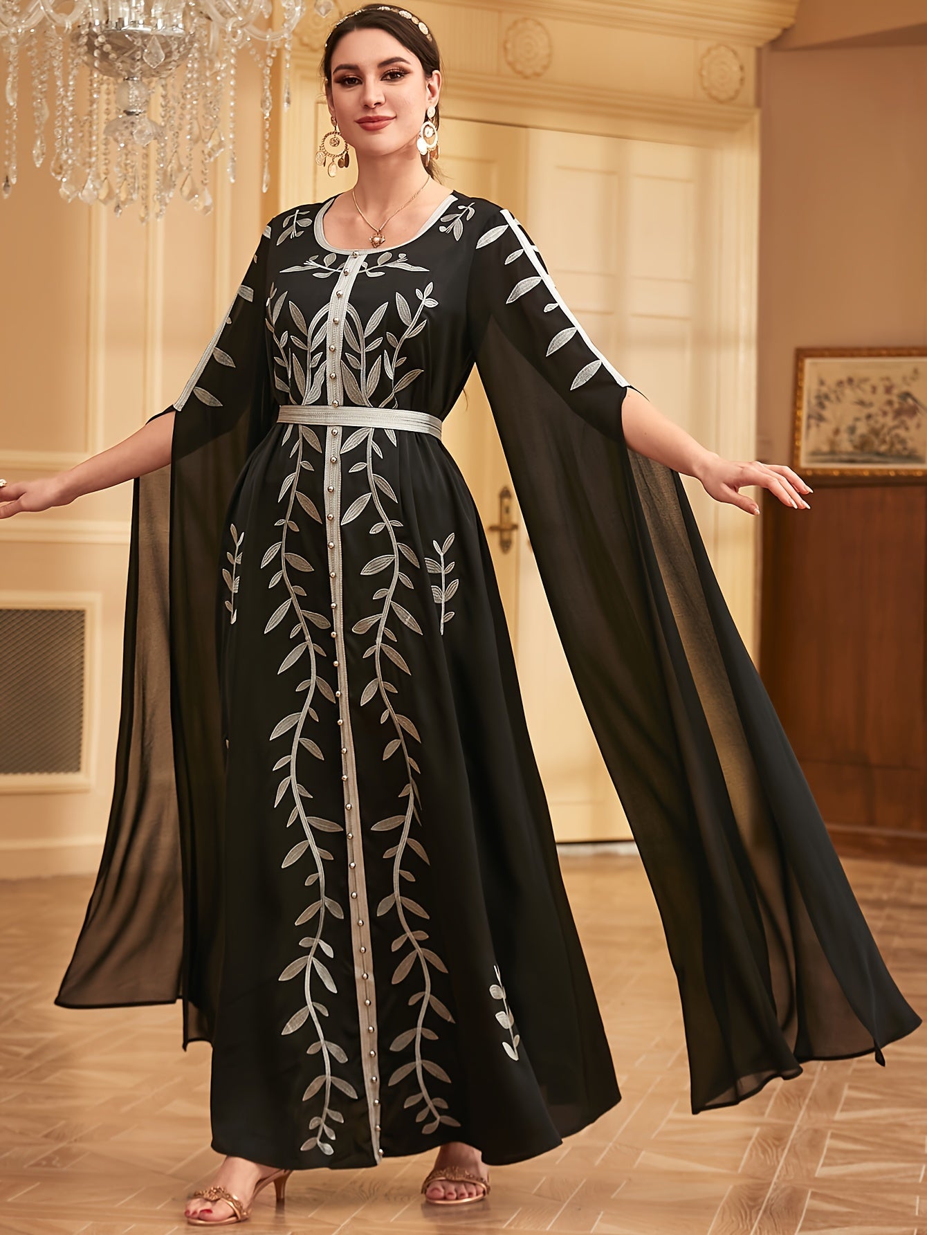 Middle Eastern-Inspired Embroidered Burgundy A-Line Kaftan Abaya with Ultra-Long Sleeves, Cinched Waist & Exaggerated Hem - Machine Washable Formal & Casual Elegance, Special Occasion