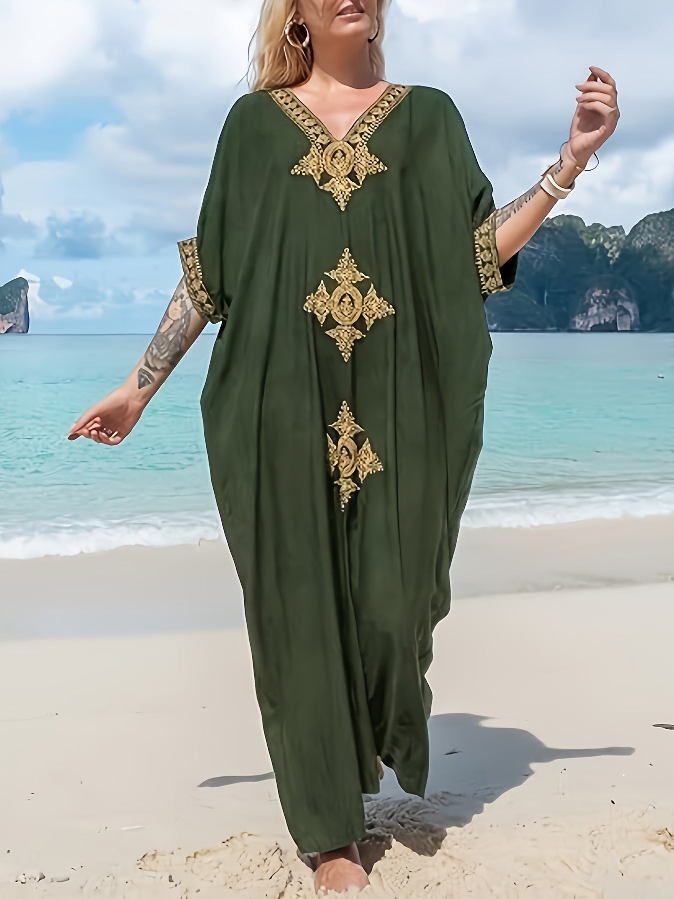 Gold Embroidery Long Kaftan Dresses V Neck Caftan Dress Beach Cover Ups