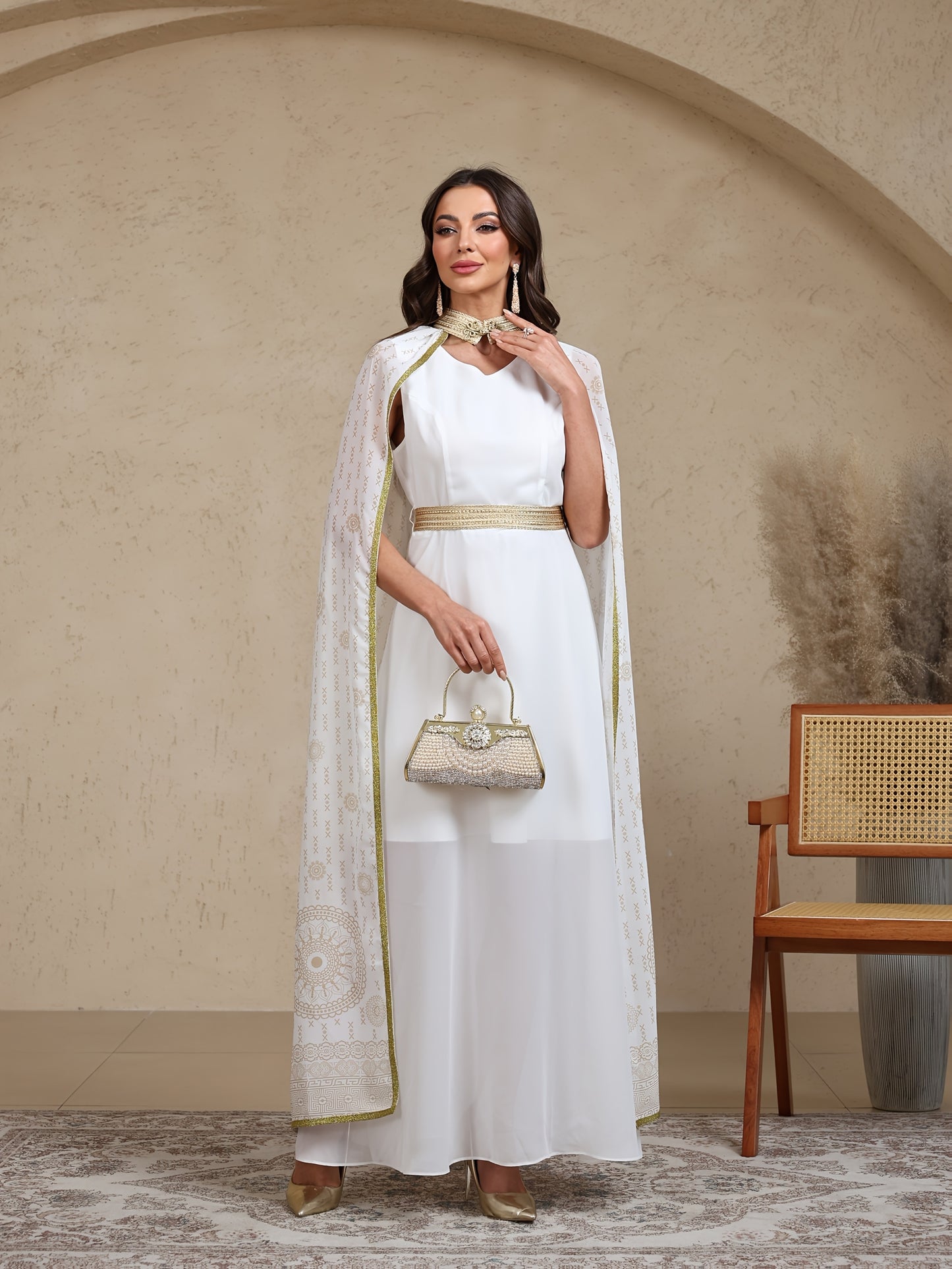Middle East Dubai Arabic Rubbing Disc Full Print High Waist Two Piece Shawl Long Modern Abaya