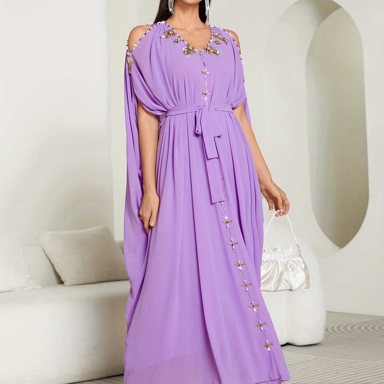 1pc Elegant Off-Shoulder Maxi Modern Abaya with Handcrafted Pearl Embellishments, Solid Color Polyester, All-Season Woven Gown with Large Flounce Sleeves