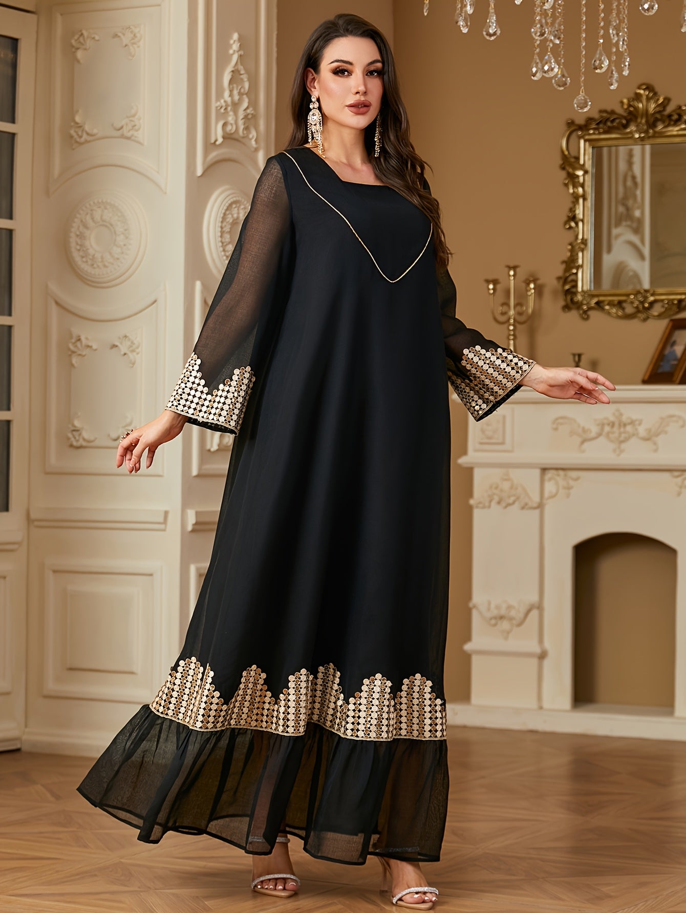 Elegant Black Square Neck Long Sleeve A-Line Modern Abaya with Golden Embroidery & Belt Accents - Machine Washable Formal & Casual All-Season Wear, Chic Dress, Evening Wear