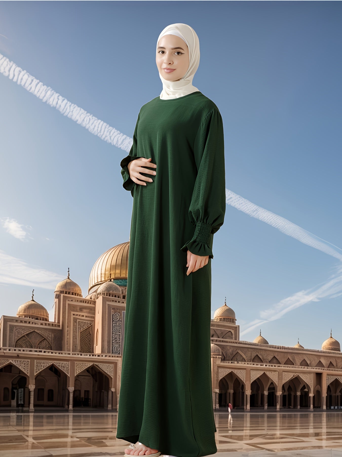Elegant Long Chiffon Arabic Abaya with Elastic Sleeves - Solid Color, Flowing Design for Muslim Women, Perfect for Ramadan, Eid Al-Fitr, and Eid Al-Adha, Comfortable Spring & Summer Wear
