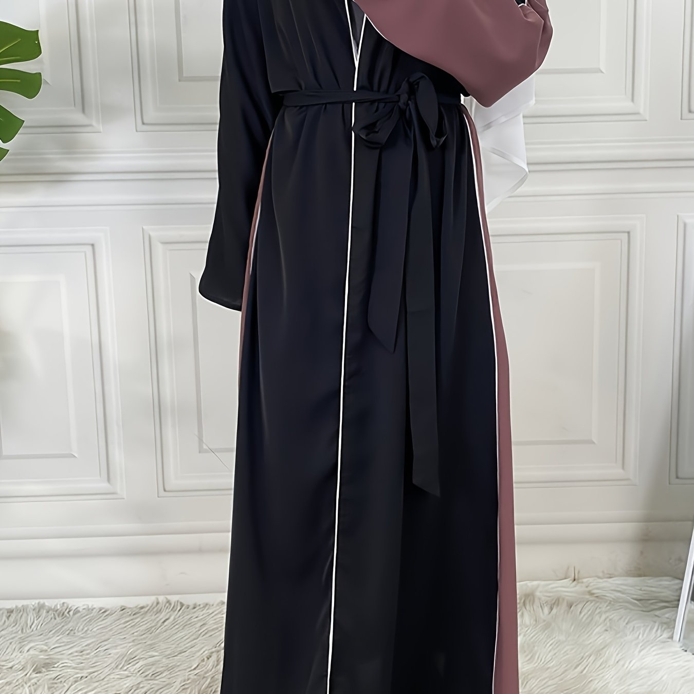 Women's Elegant Patchwork Batwing Sleeve Open Abaya - Long Sleeve, Button-Up Front, Lightweight Polyester, Perfect for Spring & Fall Casual Wear, Stylish Outdoor Attire | Breezy Abaya
