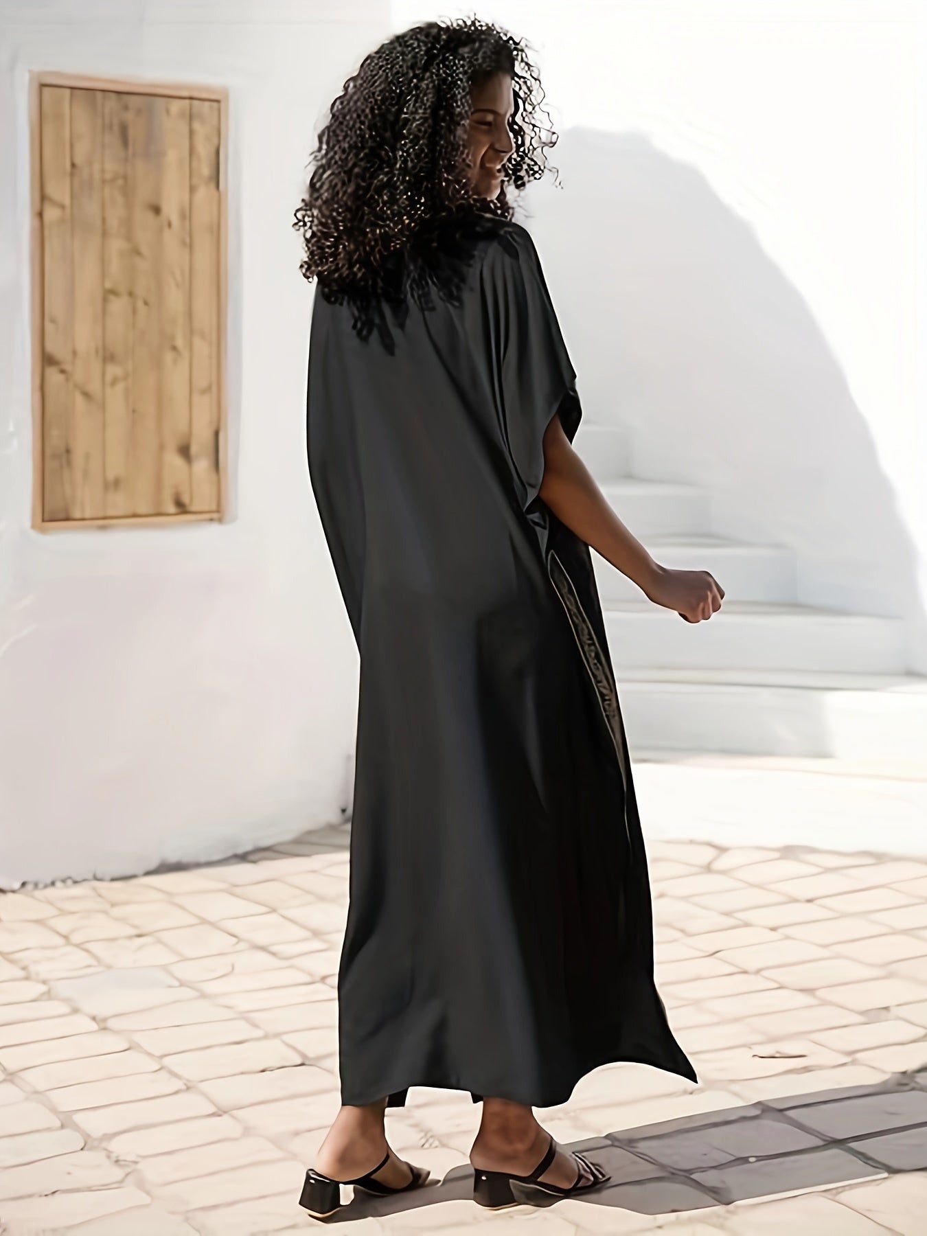 Elegant Viscose Kaftan Dress for Women - Embroidered Midi Loose Fit Pullover with Split Hem Detail, Non-Stretch Woven Fabric, Summer Resort Wear