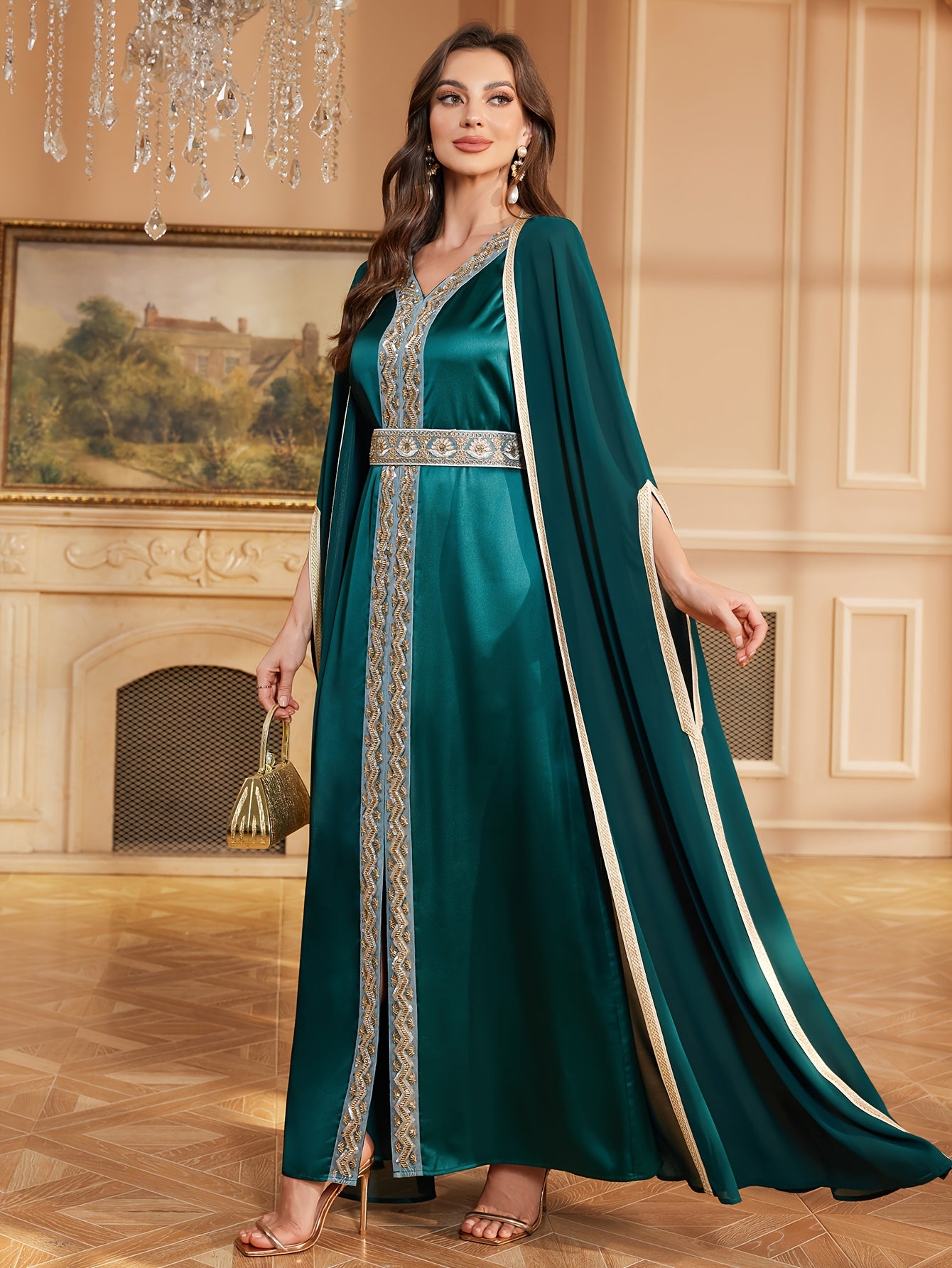 Arabian Middle Eastern Women's Long Abaya Dress Two-Piece Set, Embroidered Decoration, Chiffon V-Neck Dark Green, Elegant and Luxurious Court Style