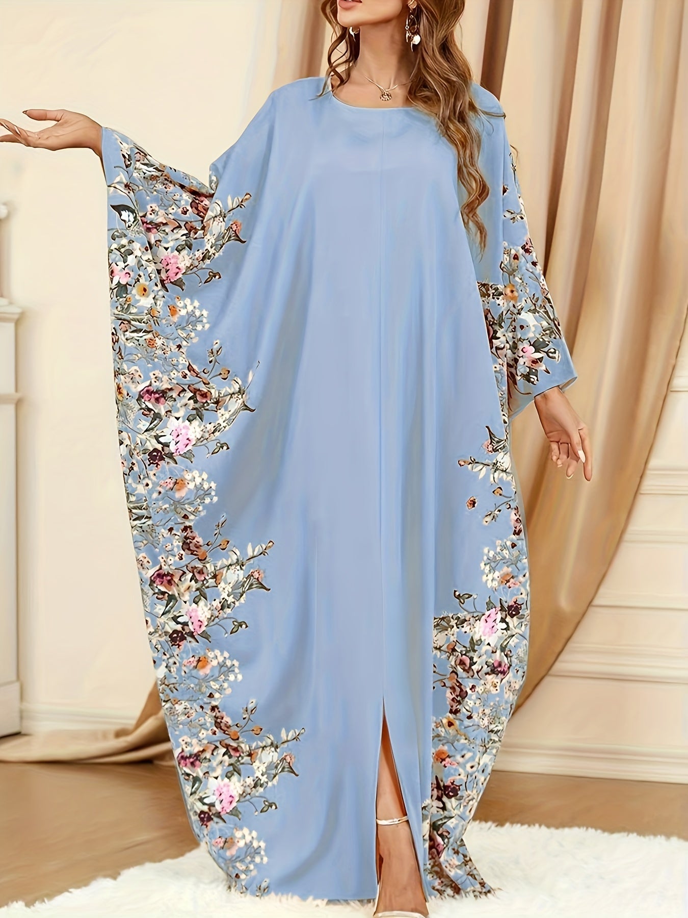 Floral Print Crew Neck Kaftan Abaya, Elegant Batwing Sleeve Split Maxi Dress, Women's Clothing