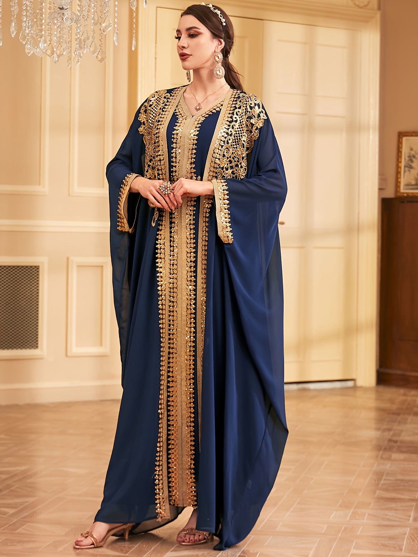 Middle Eastern Muslim Lace Weft Vest Abaya Gown Dress + Cardigan Sequin Embroidery Bat Sleeve Loose Robe Jacket Two-piece Set