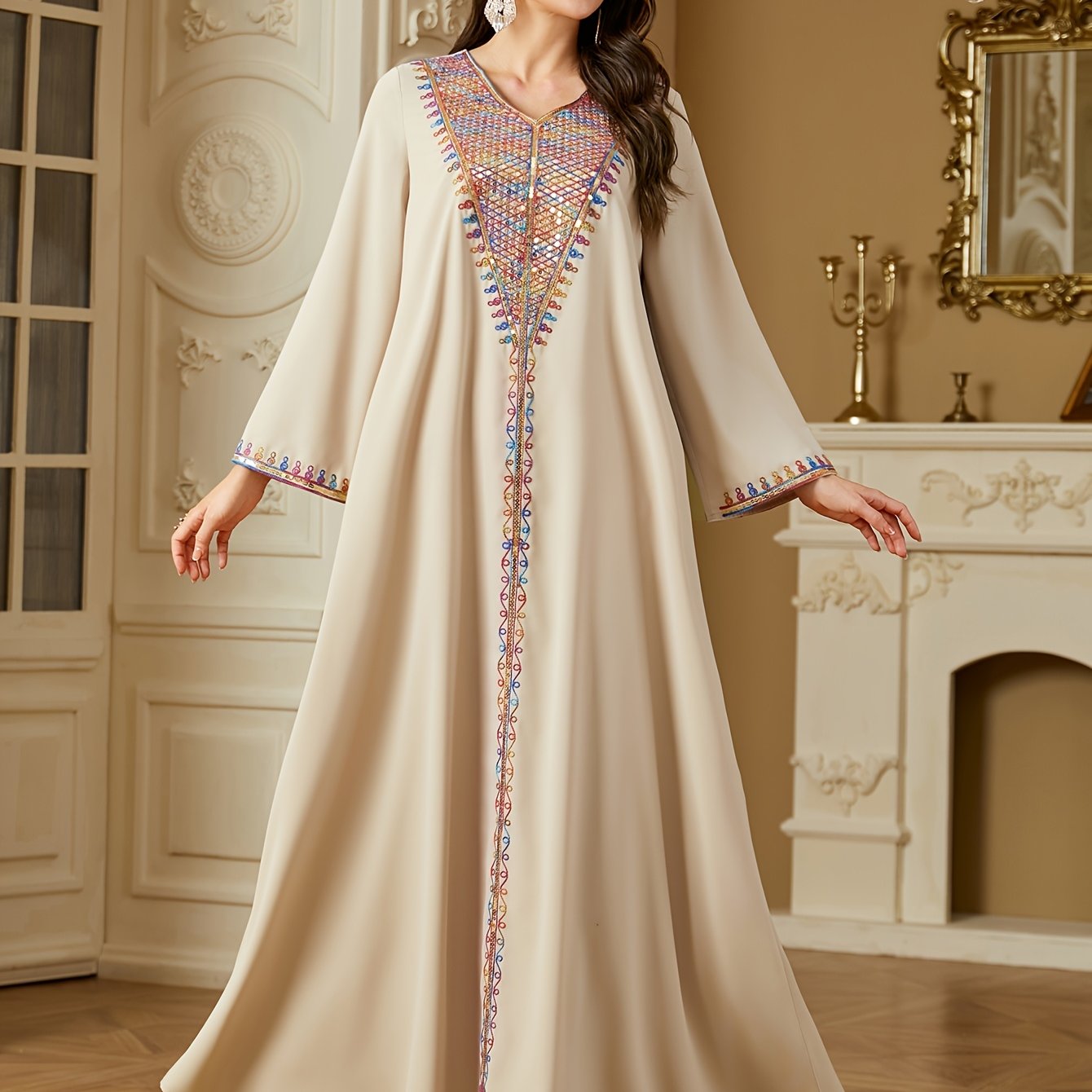 Elegant V-Neck Long Sleeve Kaftan Abaya with Sequin Detail - Polyester, Non-Stretch, Regular Fit for All Seasons
