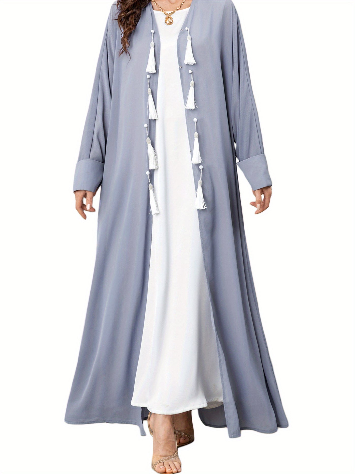Women's Turkish Kaftan Robe - Long Sleeve Loose Fit Tassel Detail Arab Gown, Lightweight Breathable Machine Washable Solid Color Casual Beachwear for Spring & Summer, Versatile Robe