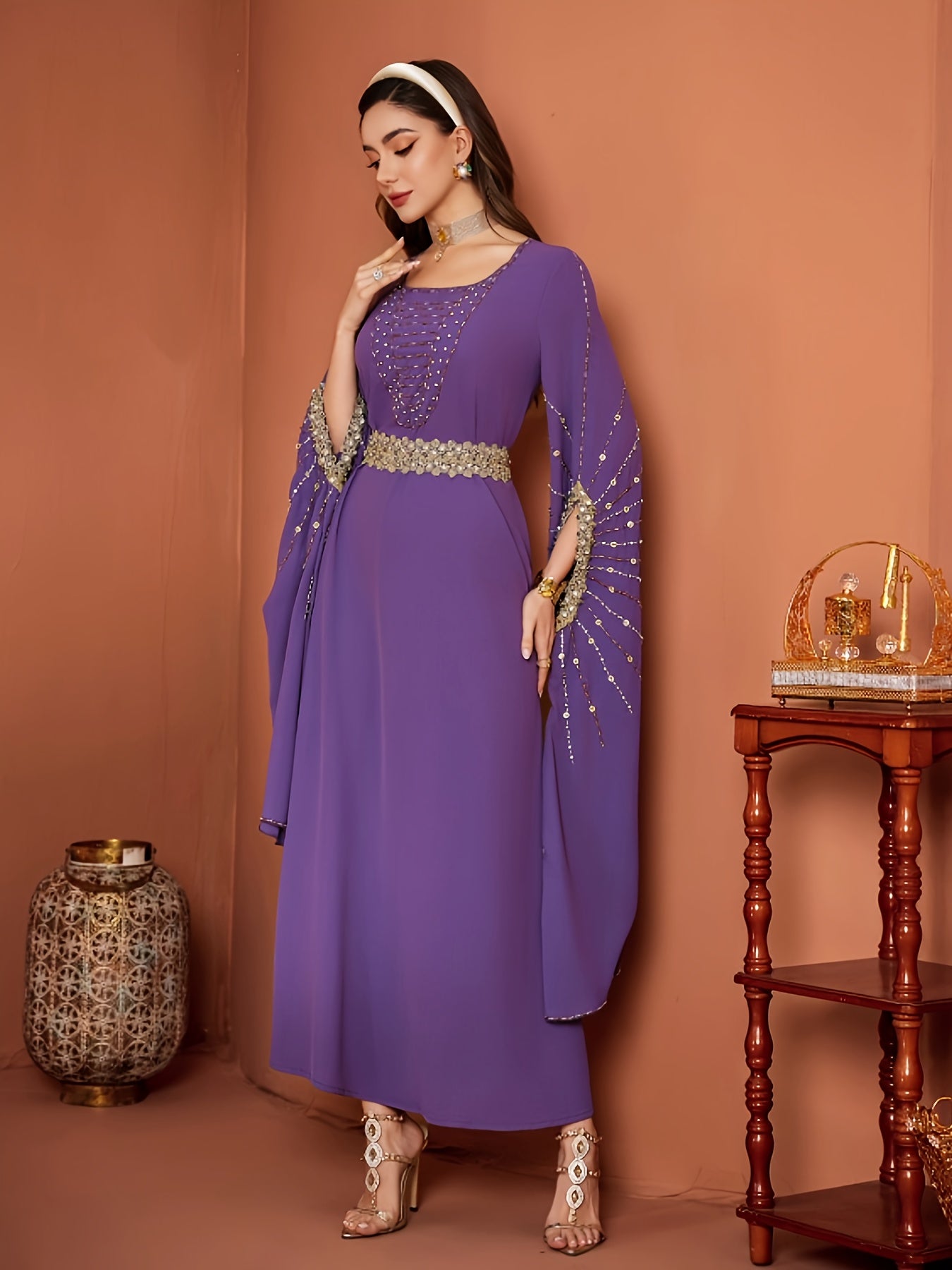 4006 Women's Loose-Fit Middle Eastern Modern Abaya Dress - Long Sleeve with Slit & Sequin Details, 100% Polyester Lightweight Spring/Summer Casual Elegant Dress for Modest Fashion
