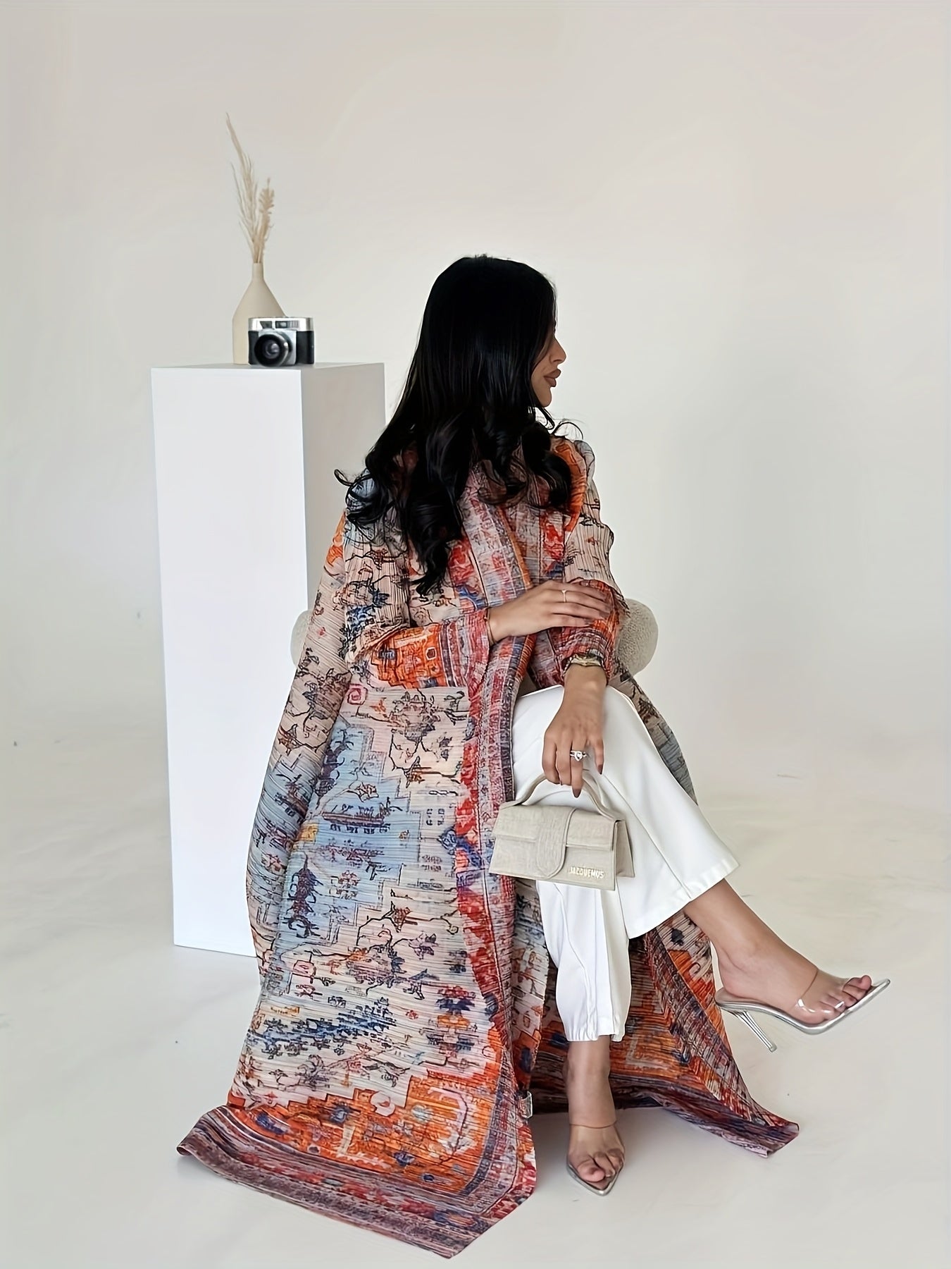 2025 Summer New Collection - Miyake Geometric Print Kimono Cardigan, High Elasticity, Long Sleeve, Open Front Abaya, Loose Fit, Lightweight Fabric, Perfect for Ramadan, Eid Al-Fitr