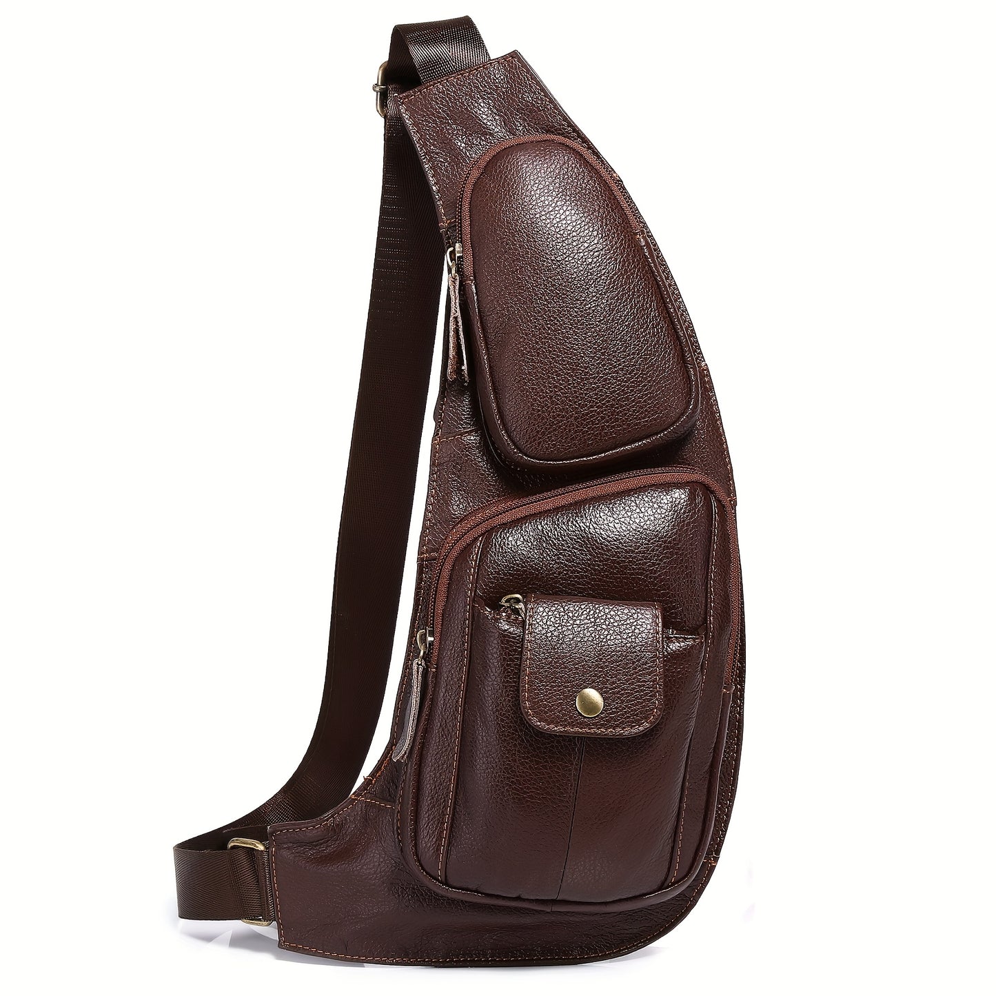 Genuine Leather Sling Bag for Men & Women - Adjustable 41.33" Crossbody Chest Pack with Multiple Zippered Compartments
