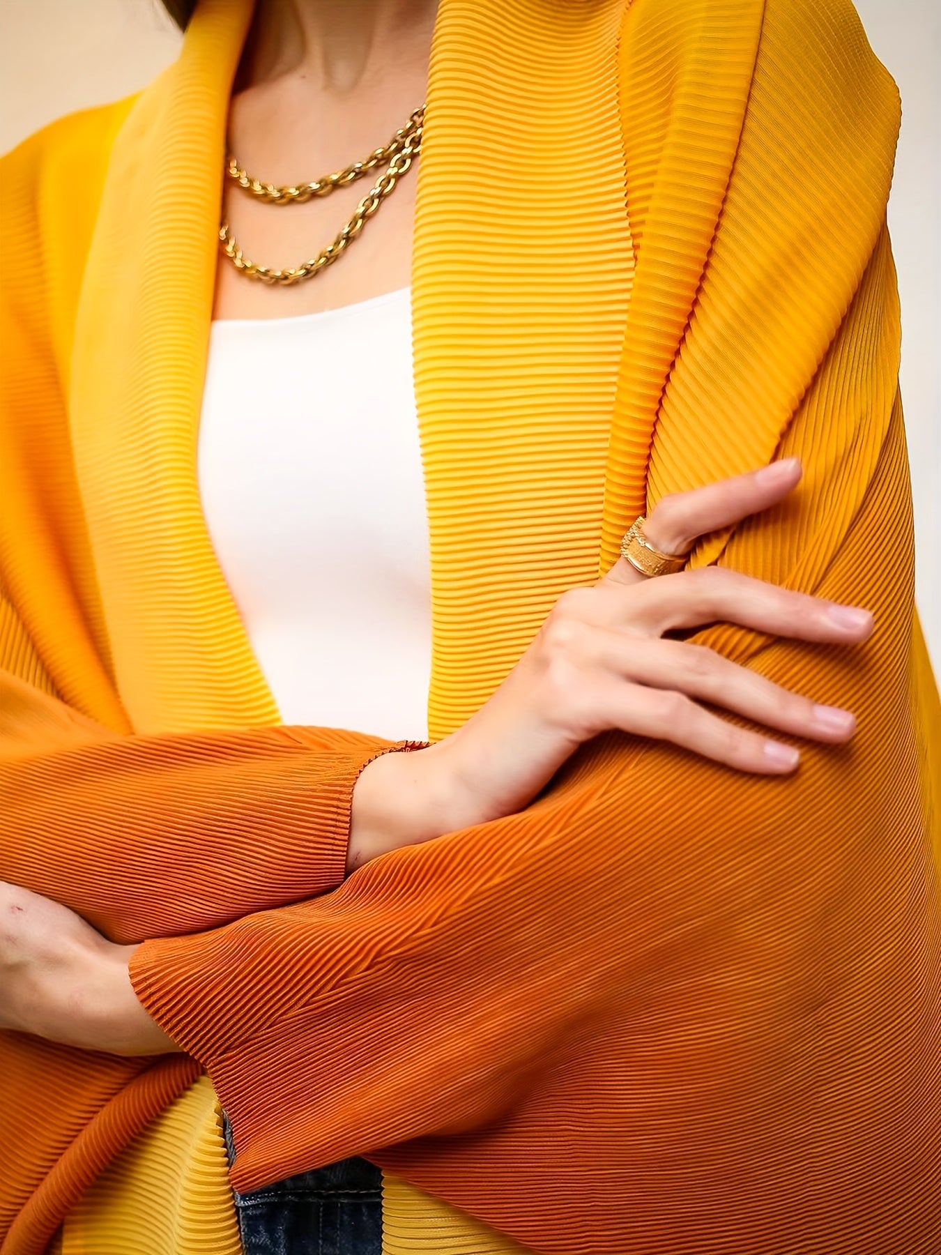 Plus Size - Women's Plus Size Yellow Abaya with Geometric Print - Loose Fit, Long Sleeve, Open Front, Wide Leg, Casual & Versatile for Spring/Summer/Fall, Casual Wear Abaya