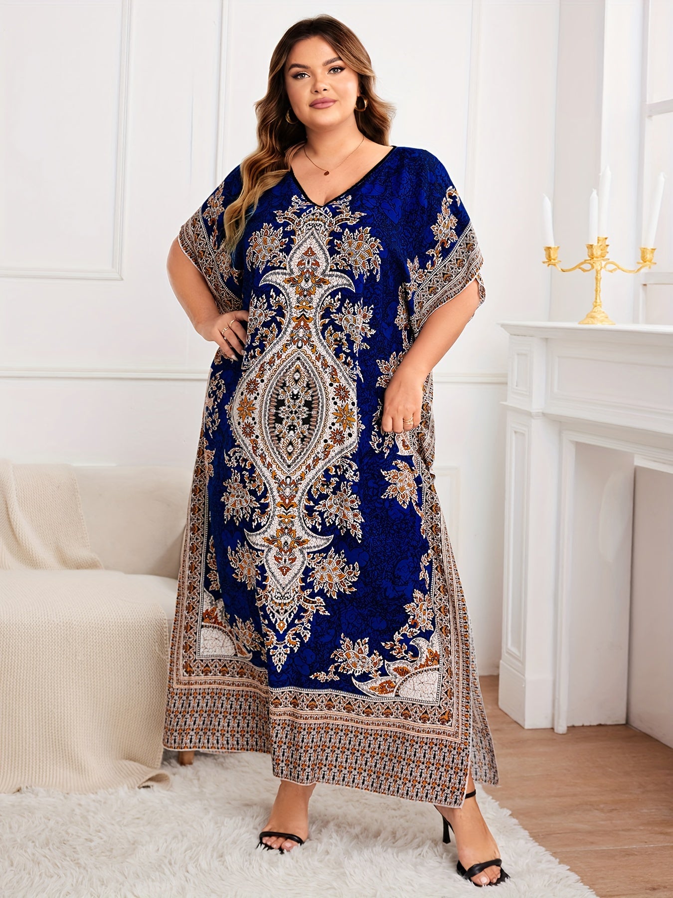 Plus Size, European and American Plus Size Women's Bohemian Vacation Dress with Middle Eastern Kaftan Abaya Style