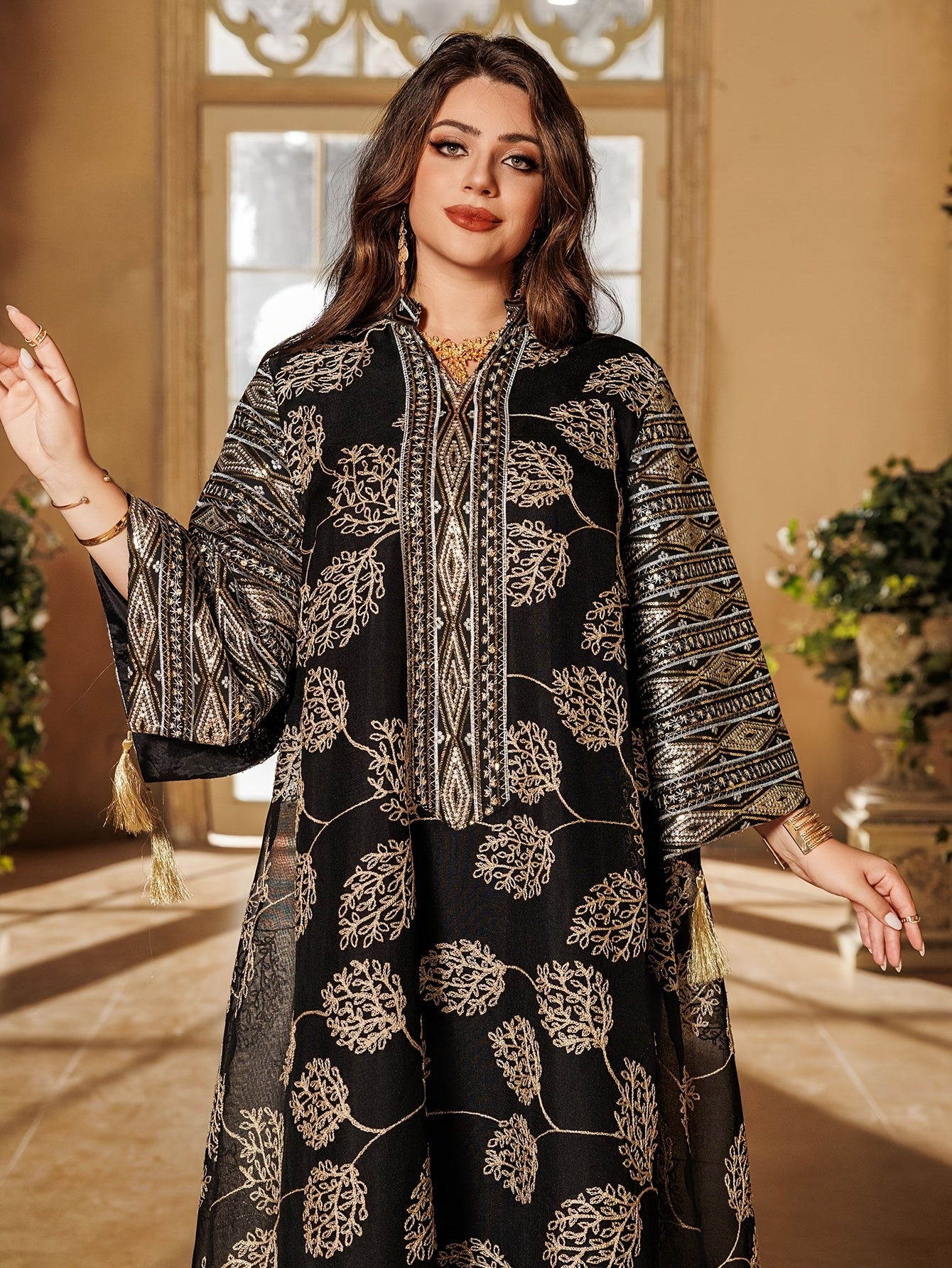 Oriental Middle Eastern Muslim Eid New Style Dress Women's Abaya V-Neck Regular Fashion Slit Sleeve Mesh Embroidery Beaded Craft Evening Gown Jalabiya Turkish Evening Wear Abaya