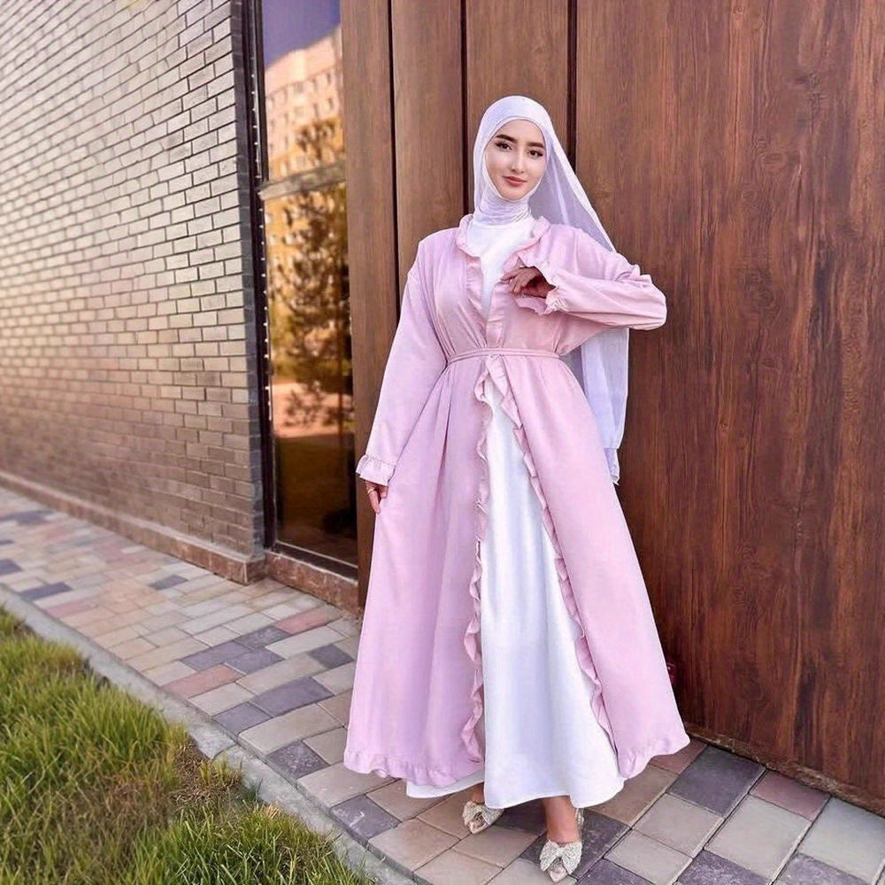 Women's Elegant Arabic Abaya Robe - Lightweight Breathable Loose Fit Long Sleeve Arabic Dress with Belt, Solid Color Machine Washable All-Season Casual & Formal Wear