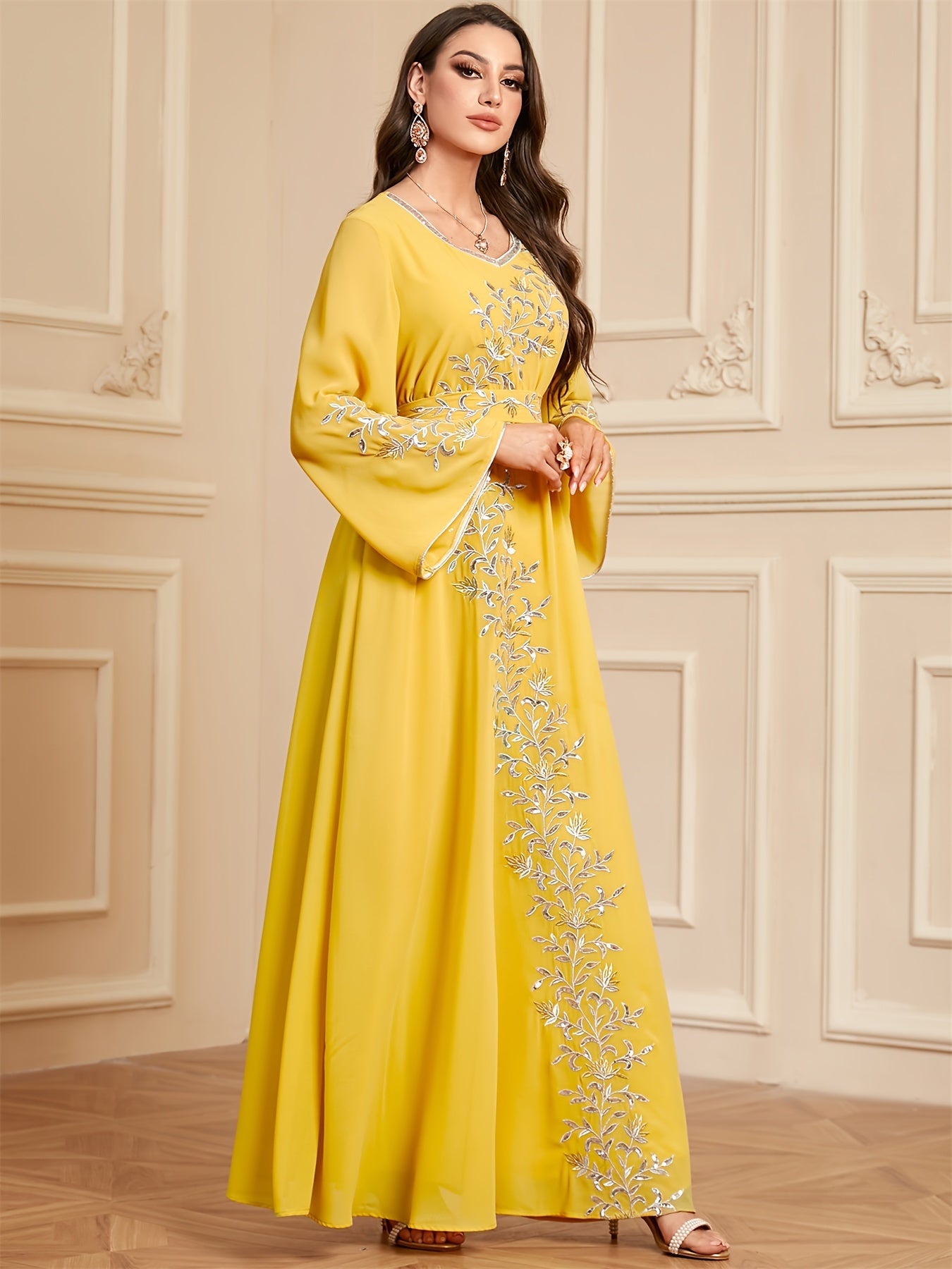 Elegant Embroidered Abaya Dress - Loose Fit, Machine Washable Polyester Modest Kebaya for Women with Belt