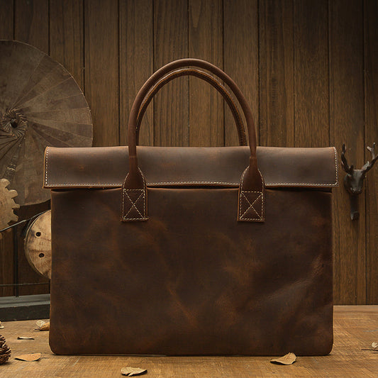 Lightweight Men's Genuine Leather Laptop Bag - Minimalist Business Casual Tote with Brown Accents, Durable Polyester Lining