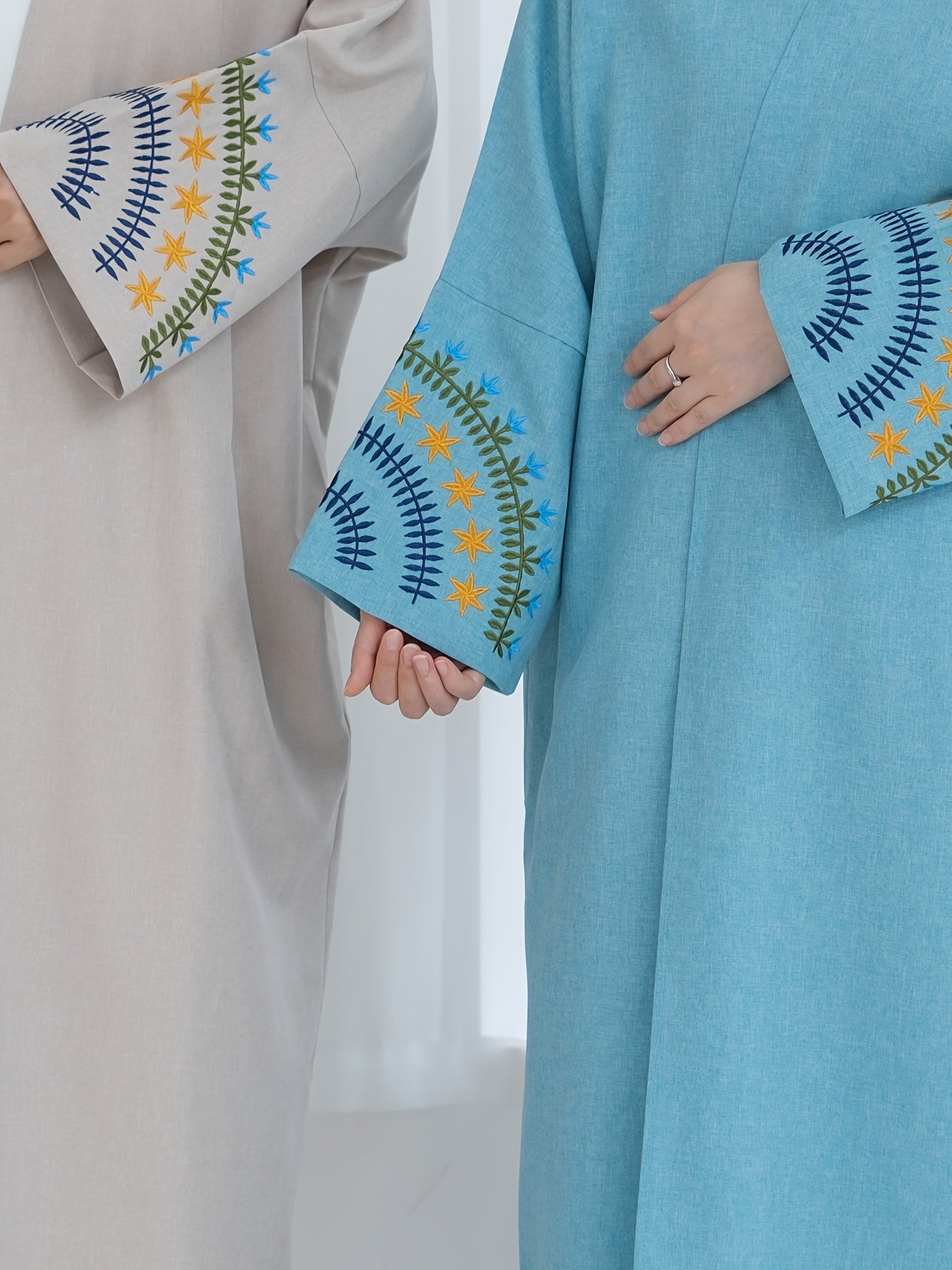 Elegant Beige Kimono Abaya - Open Front Linen-Look Polyester Dress for Women, Long Sleeve with Contrast Trim, All-Season Islamic Wear (Sizes S to XXL), Modest Clothing