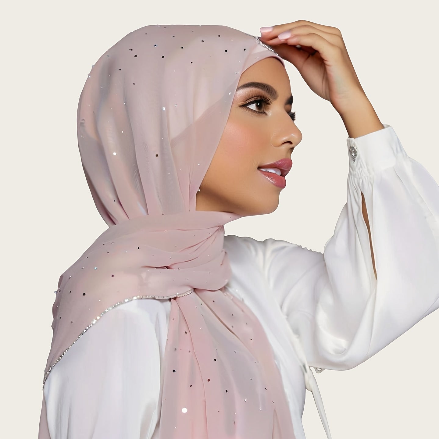 1pc Lightweight Breathable Chiffon Scarf with Sparkling Rhinestone Trim