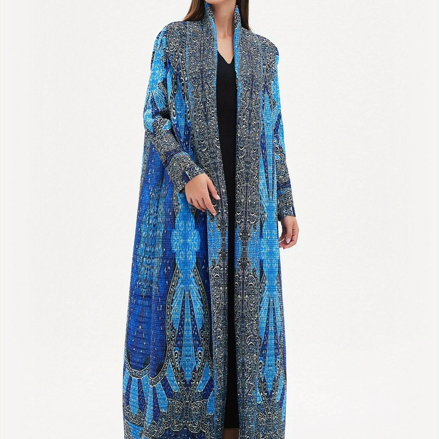 2025 Summer New Miyake-Style Kaftan Abaya, Long Sleeve, High-Elasticity Polyester Dress with Geometric Print, Belted Waist Design - Versatile for Daily Commute & Formal Occasions
