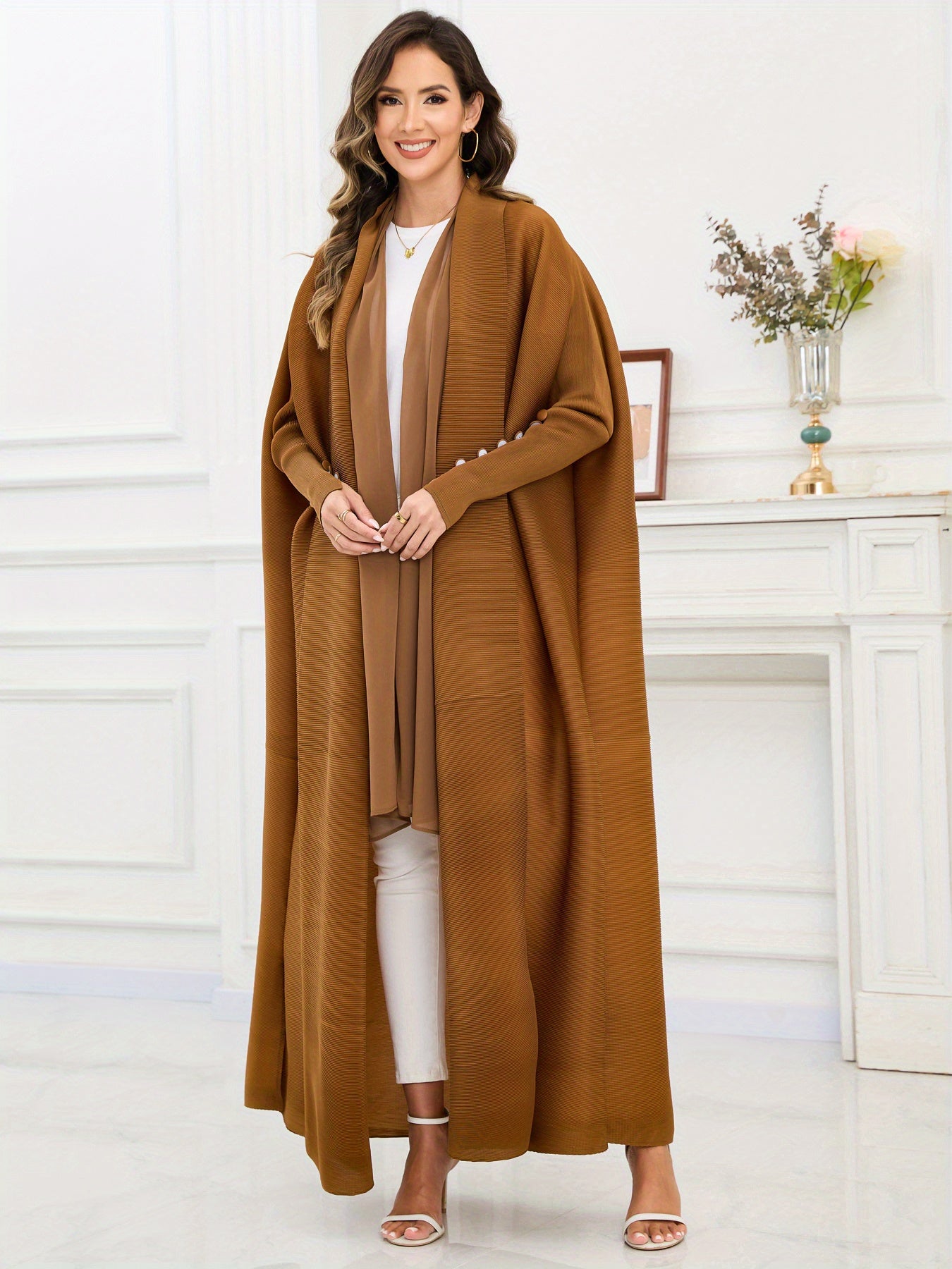 Women's Arabic Abaya with Scarf - Deep Brown Three-Way Pleated Design, Loose Fit, Long Sleeves, Belted Waist, Polyester Blend, Perfect for Muslim Prayer & Casual Wear, Muslim Clothing